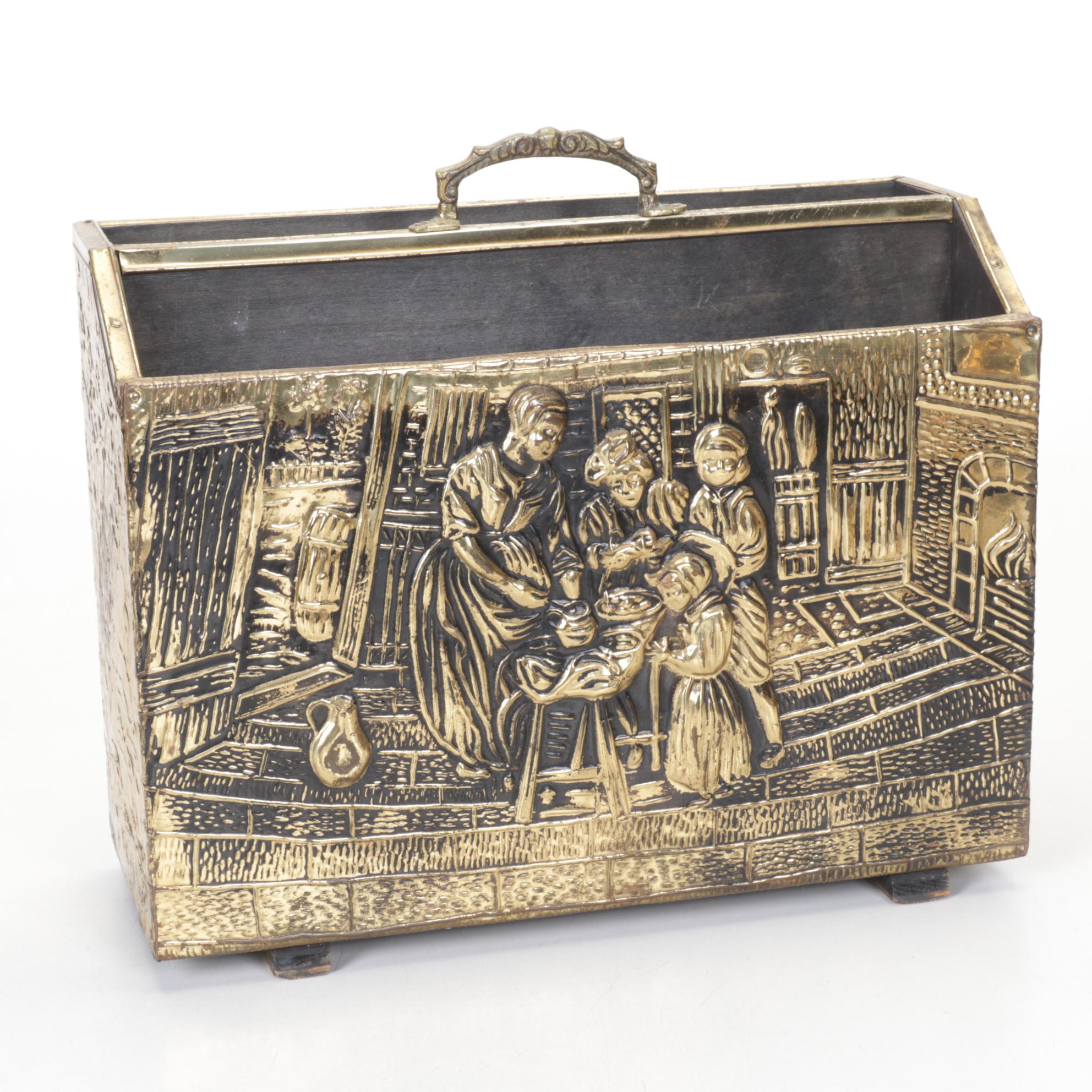 Repousse Magazine Rack with Brass Andirons & Fireplace Stool