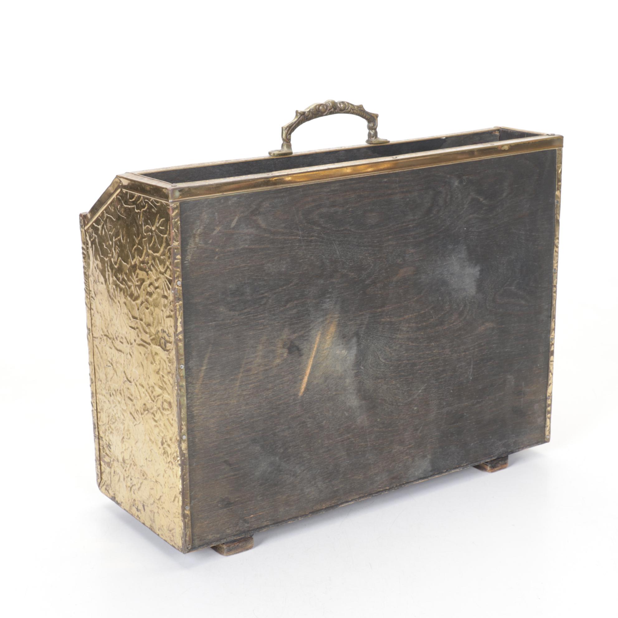 Repousse Magazine Rack with Brass Andirons & Fireplace Stool