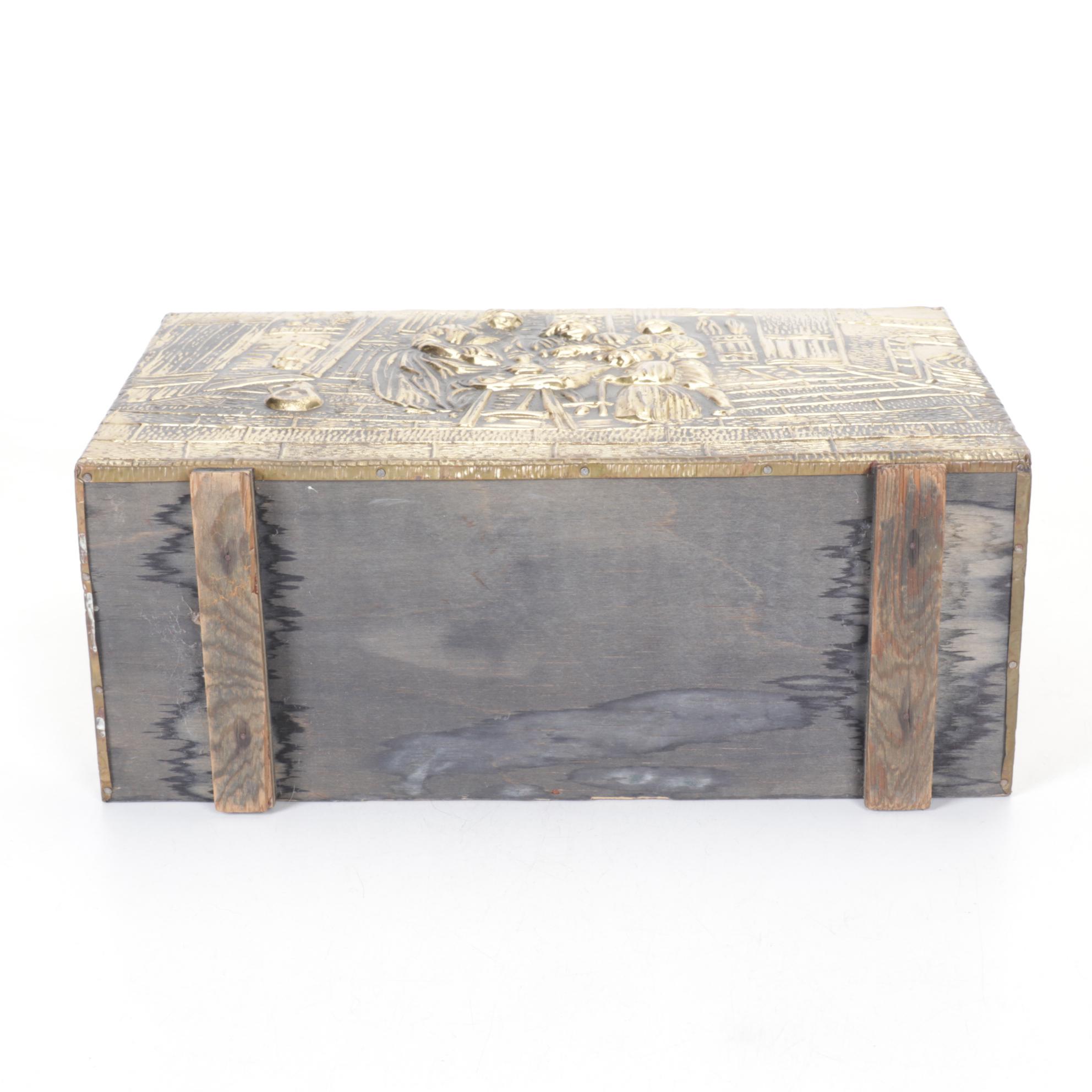 Repousse Magazine Rack with Brass Andirons & Fireplace Stool