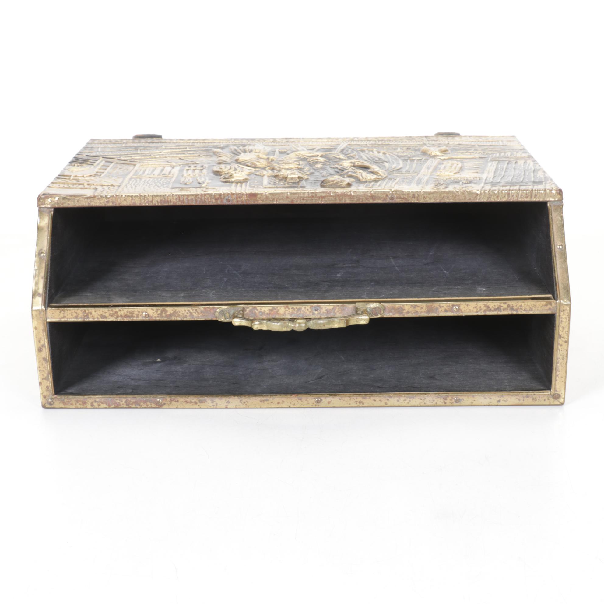 Repousse Magazine Rack with Brass Andirons & Fireplace Stool