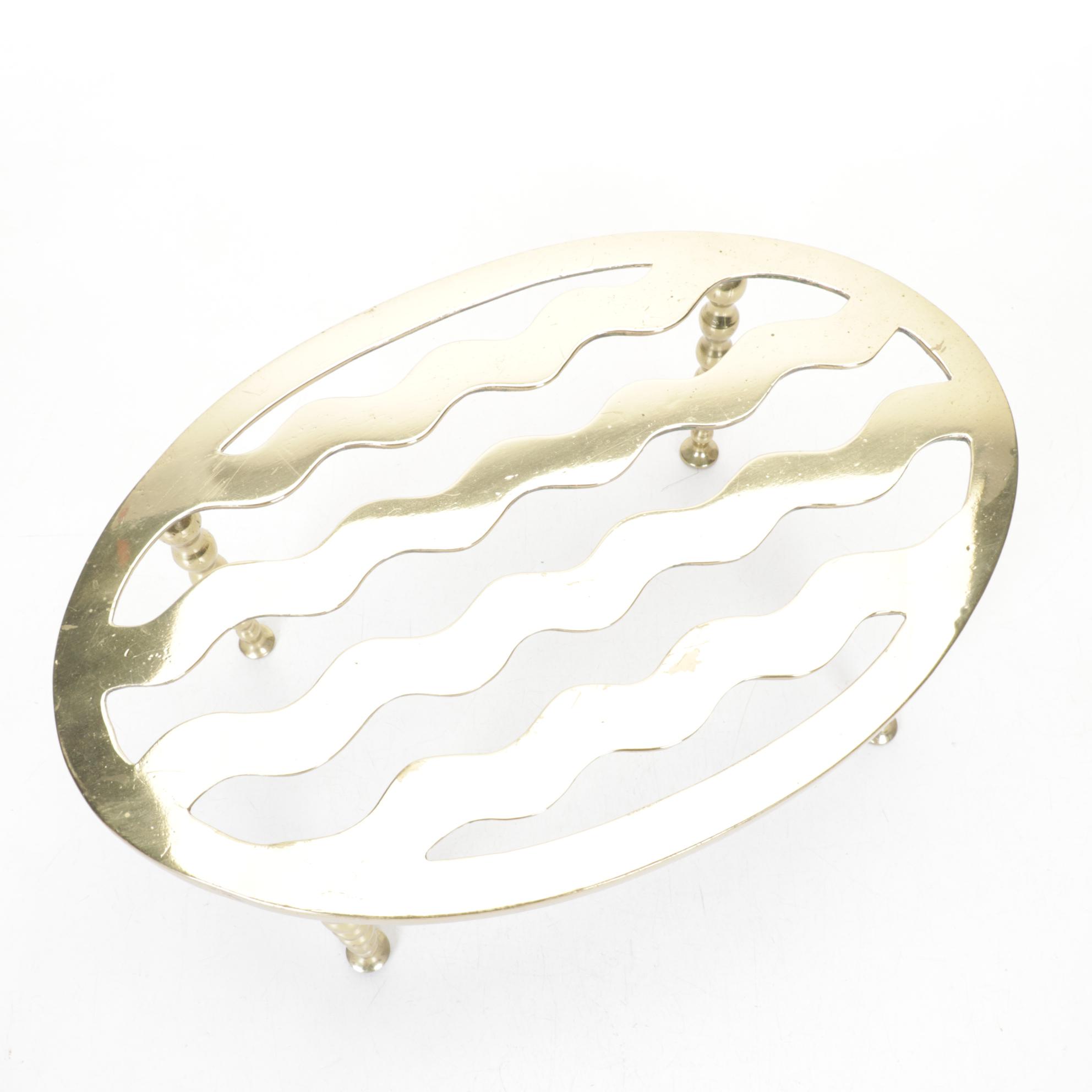 Repousse Magazine Rack with Brass Andirons & Fireplace Stool