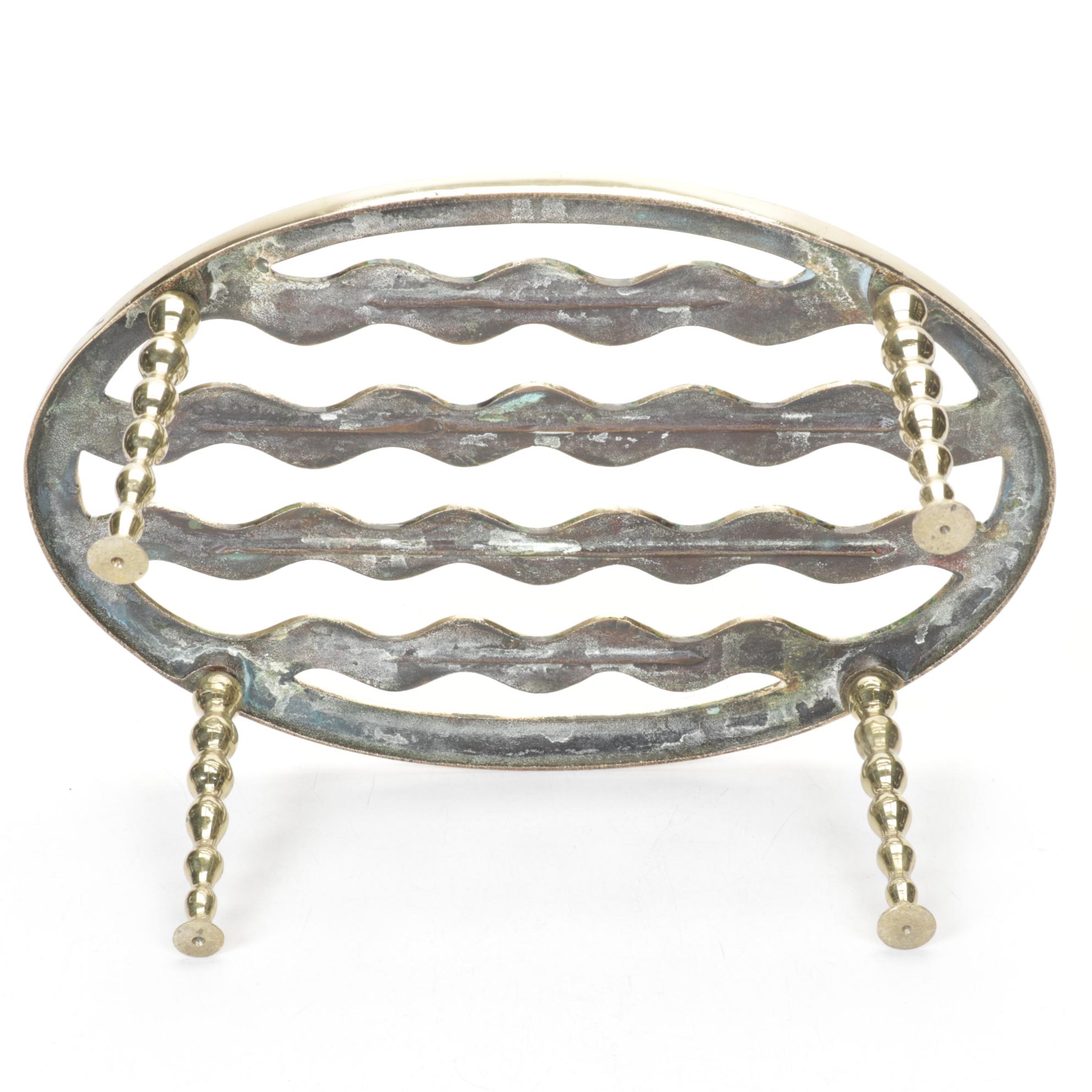 Repousse Magazine Rack with Brass Andirons & Fireplace Stool