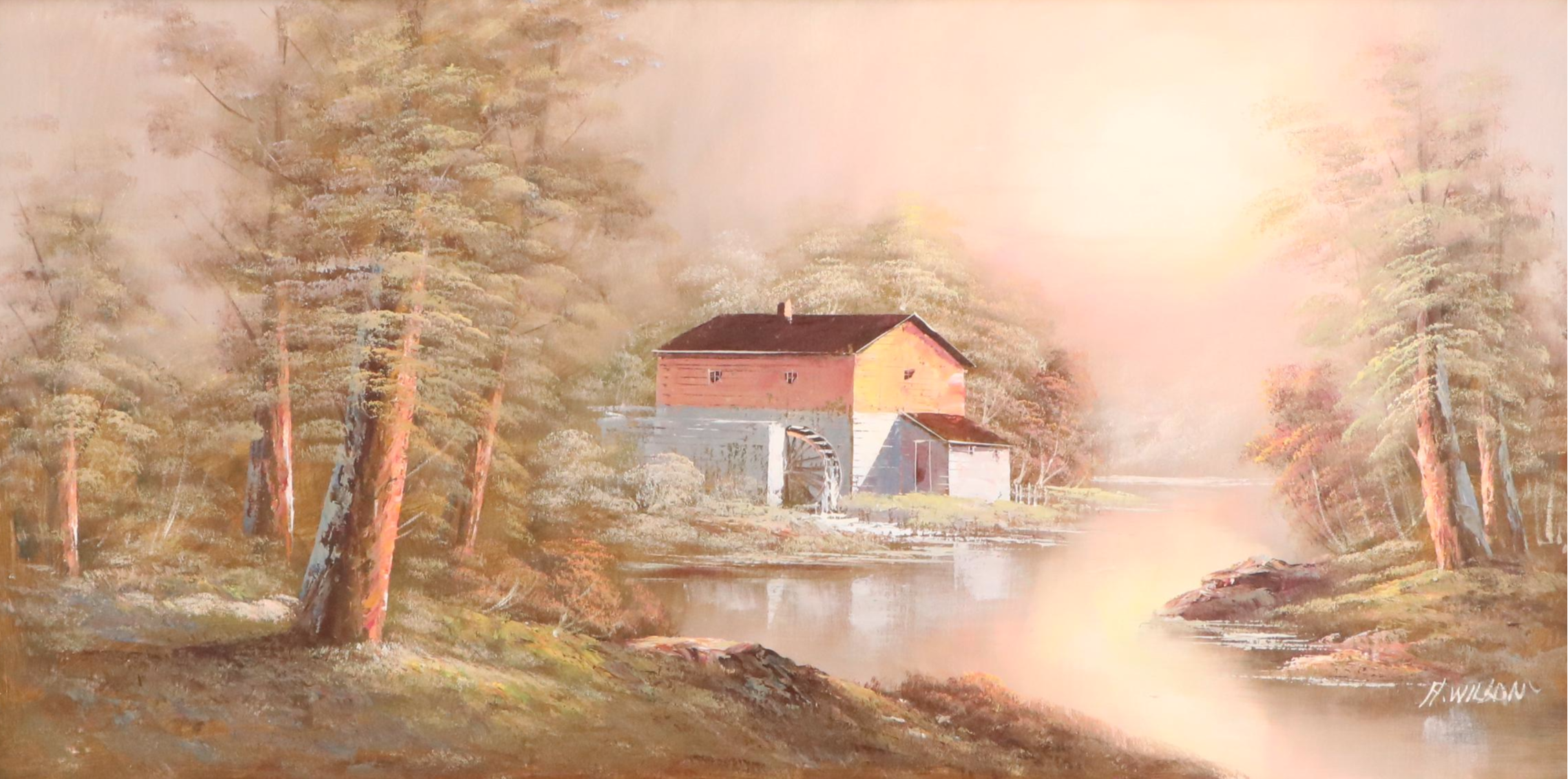 H. Wilson Landscape Oil Painting With Mill, Mid to Late 20th Century