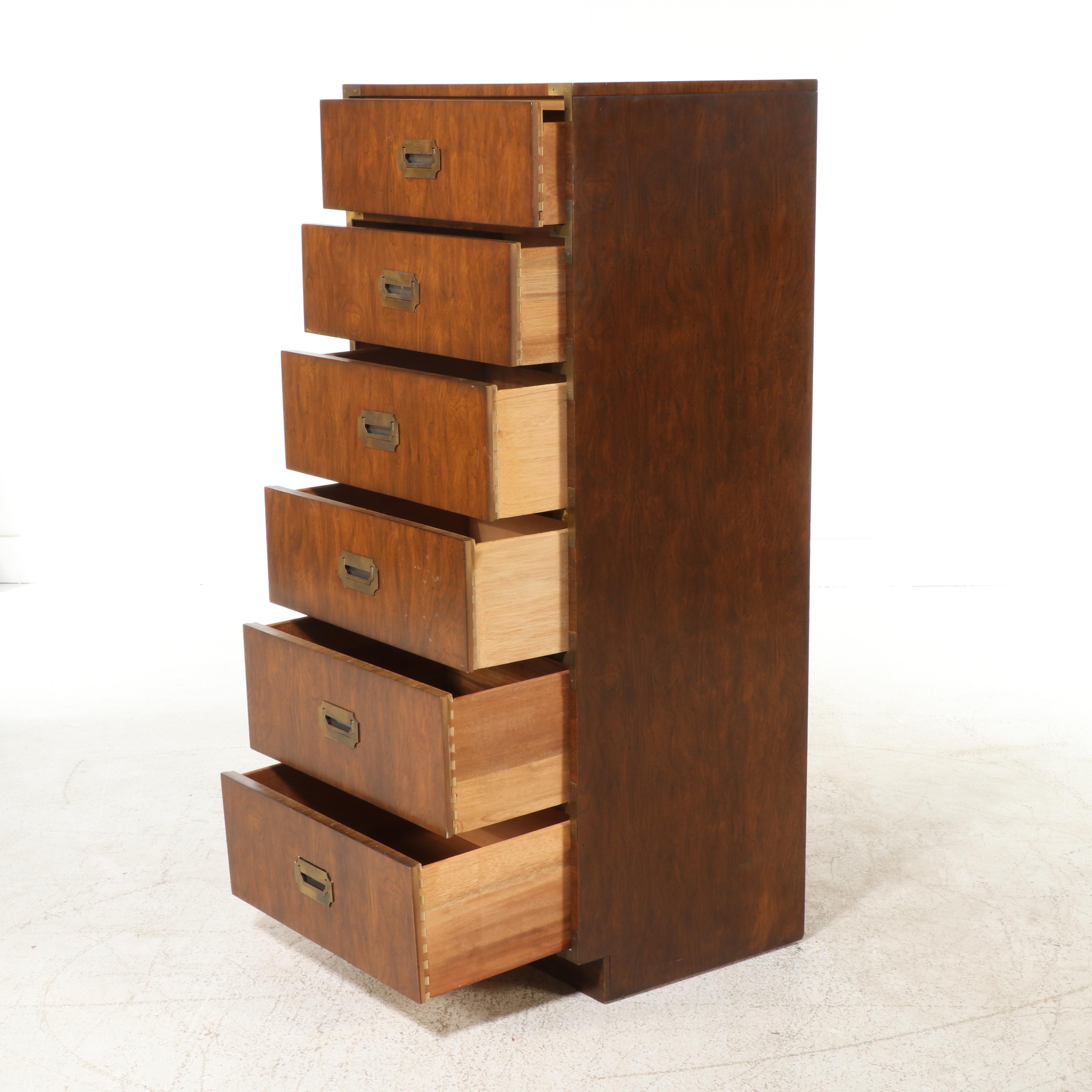 Dixie Furniture Campaign Style Brass-Mounted Walnut Six-Drawer Chest, Circa 1970