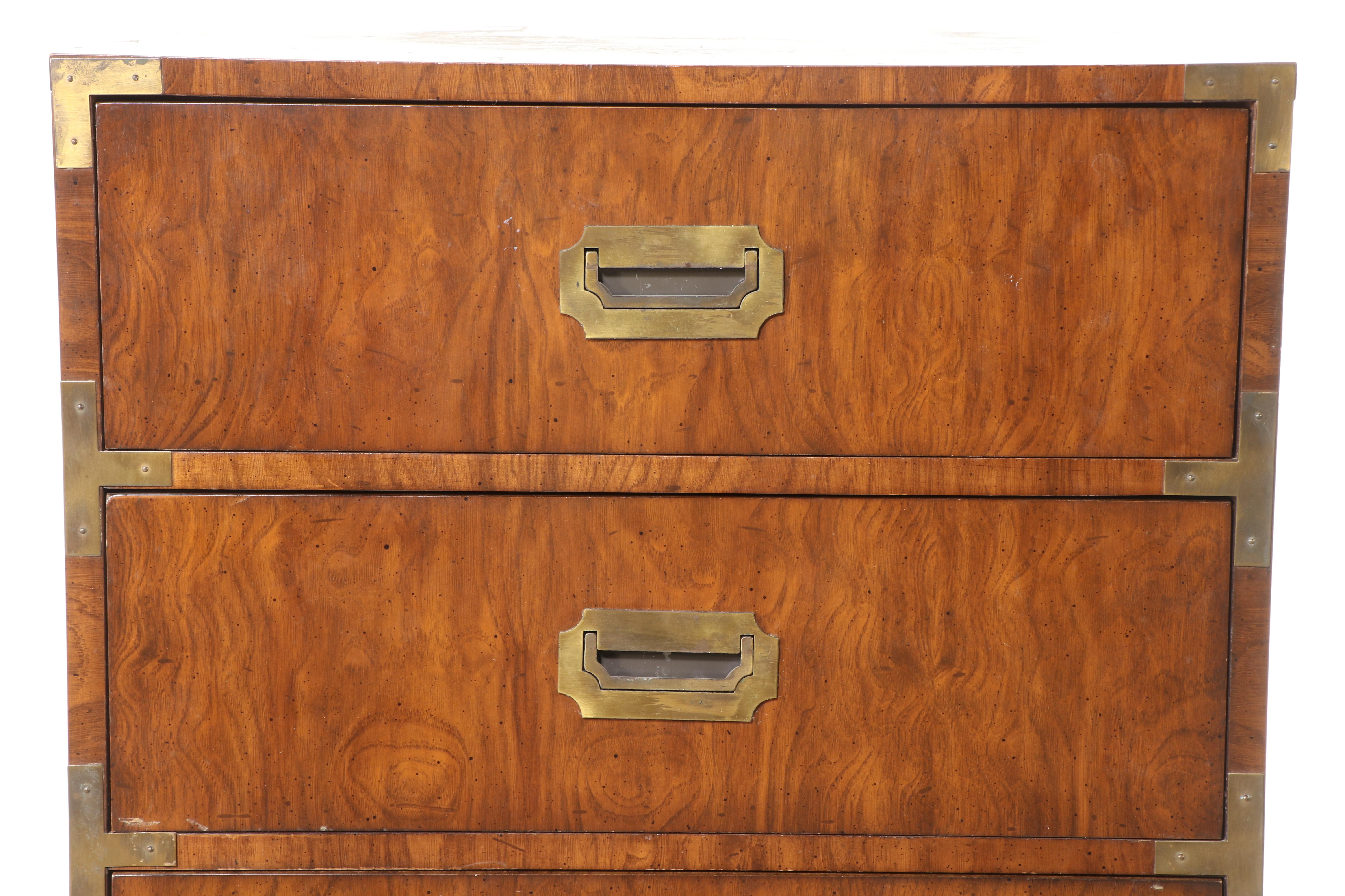 Dixie Furniture Campaign Style Brass-Mounted Walnut Six-Drawer Chest, Circa 1970