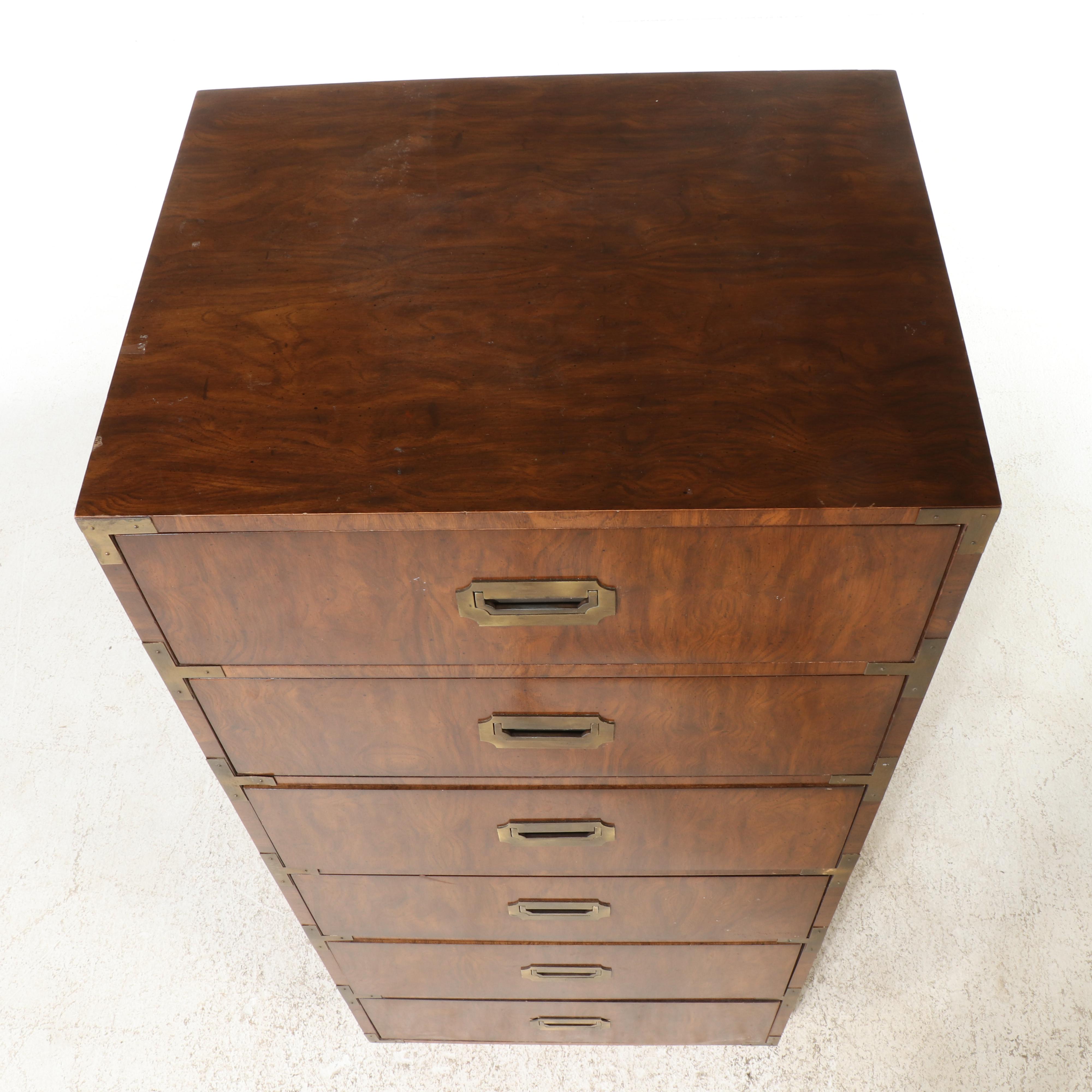 Dixie Furniture Campaign Style Brass-Mounted Walnut Six-Drawer Chest, Circa 1970