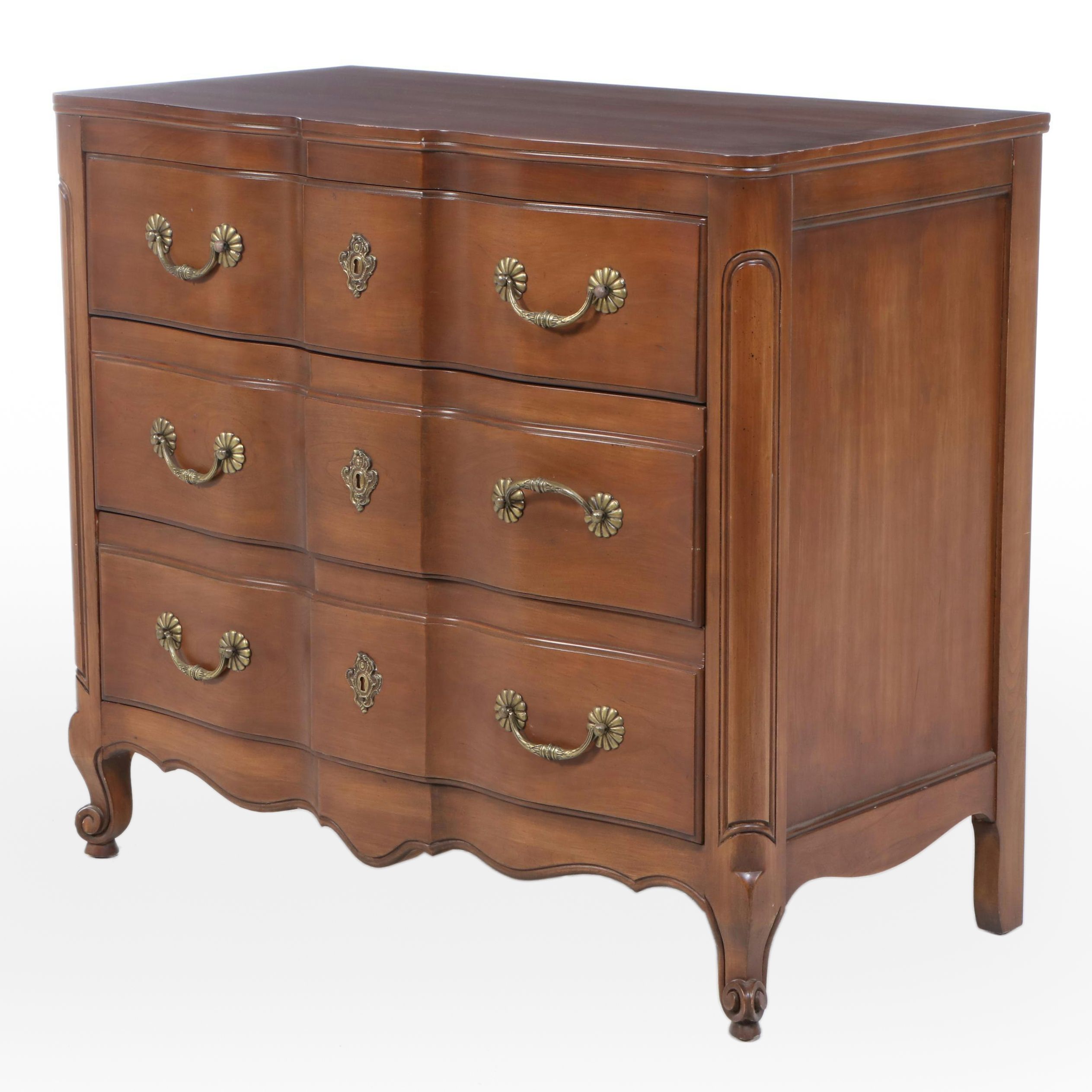 Louis XV Style Cherrywood Serpentine-Front Three-Drawer Commode, 20th Century