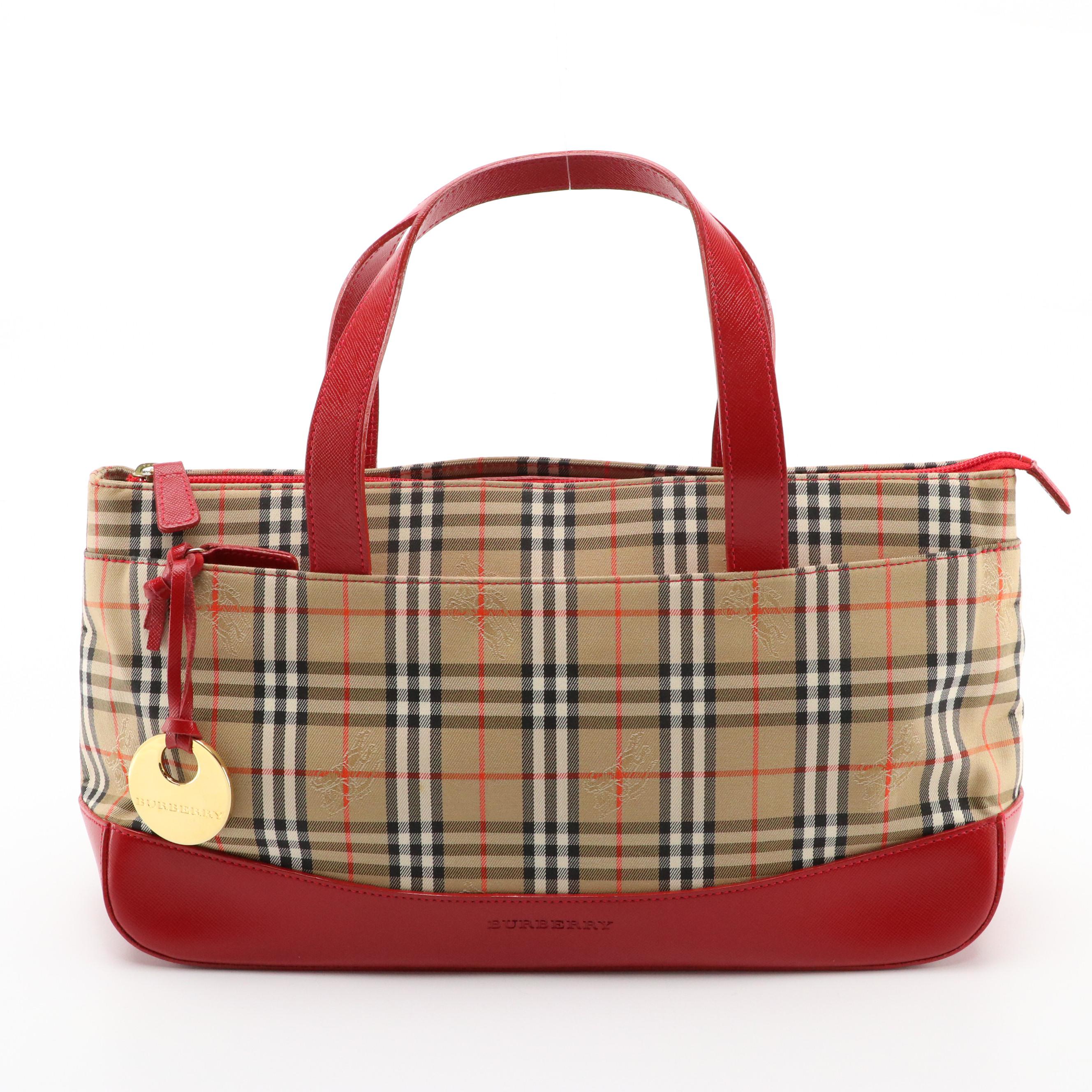 Burberrys Handbag in Haymarket Check Canvas and Red Leather Trim