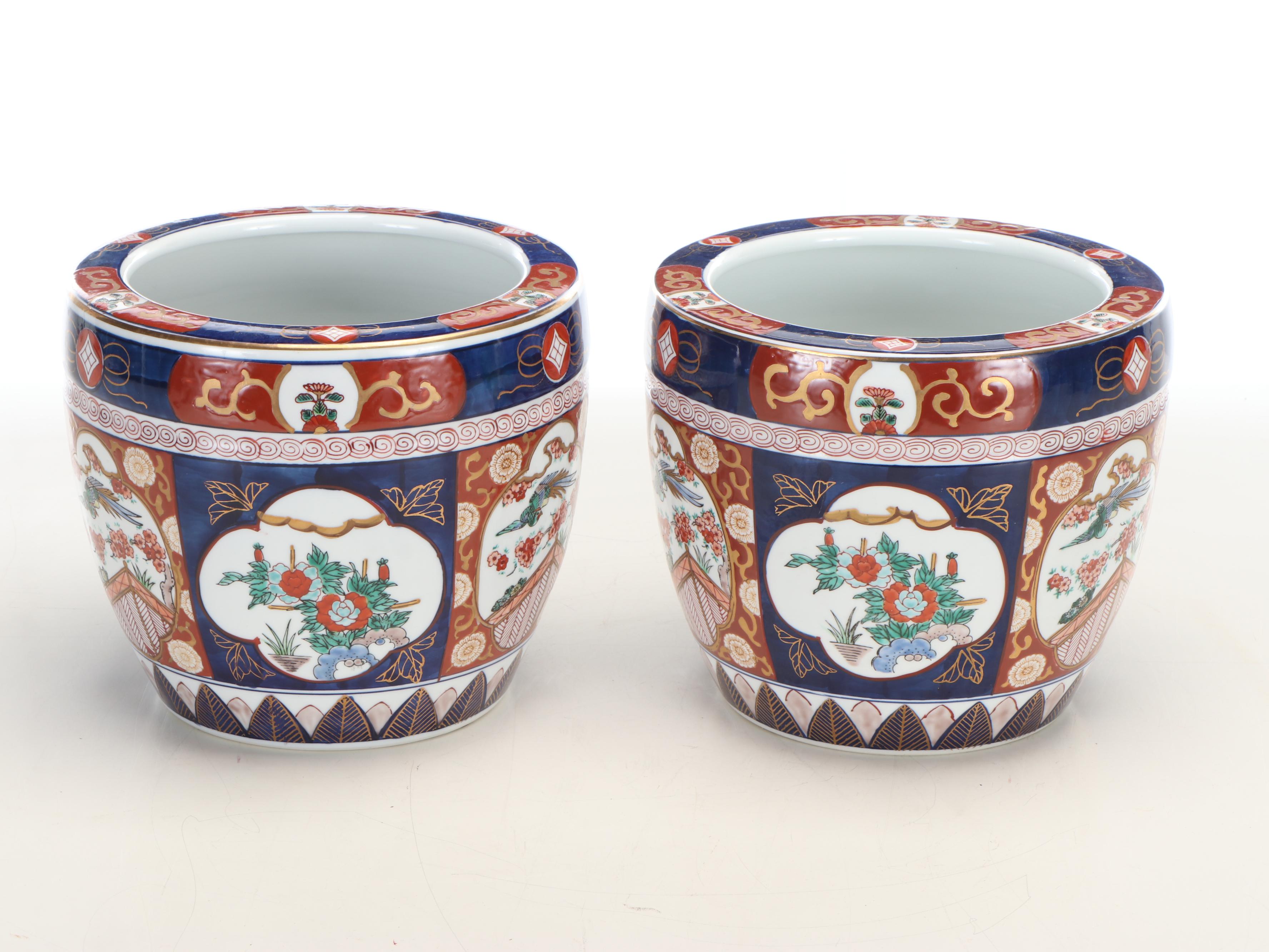 Pair of Japanese Gold Imari Porcelain Fishbowl Planters with Carved Stands