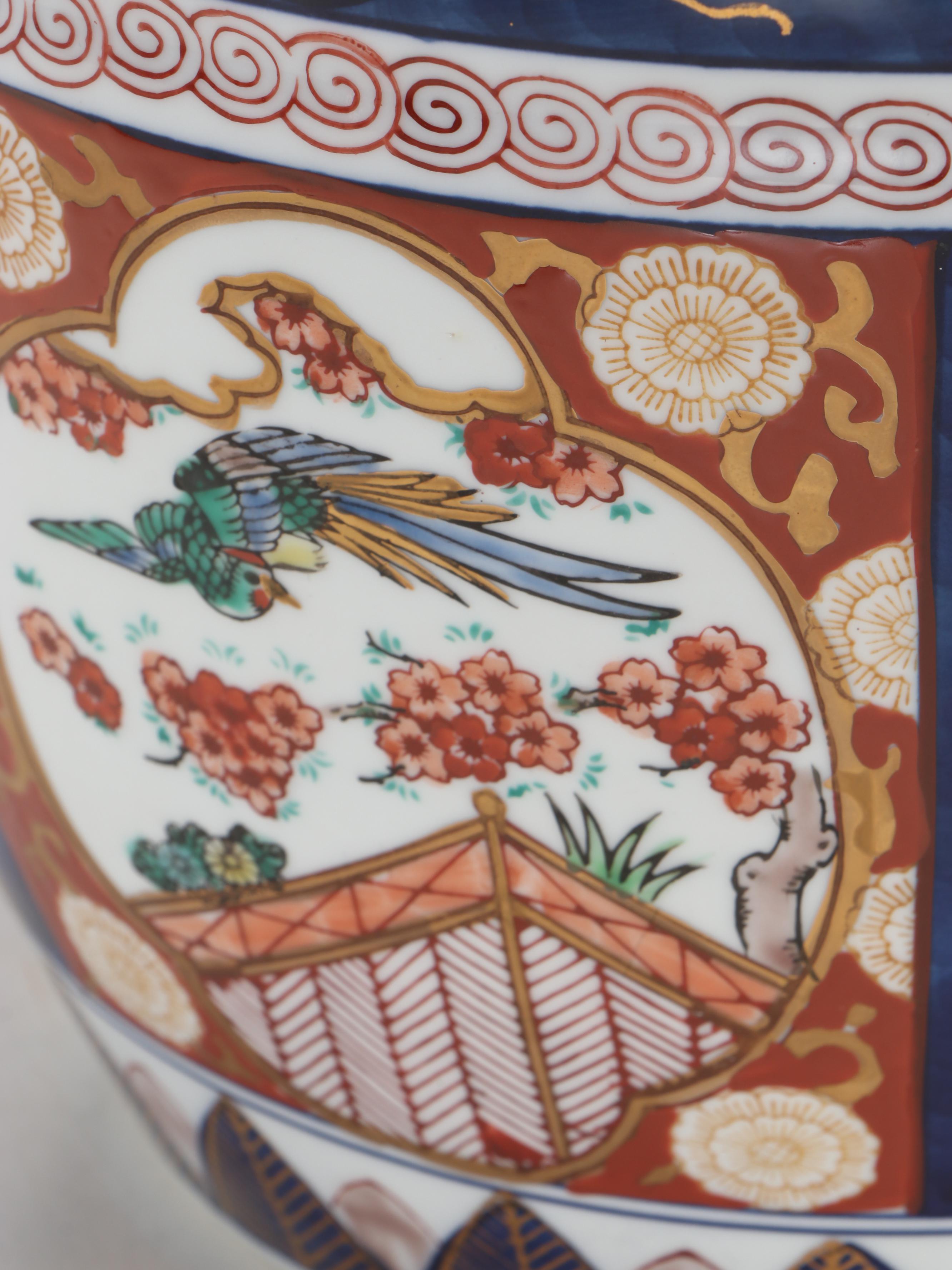 Pair of Japanese Gold Imari Porcelain Fishbowl Planters with Carved Stands