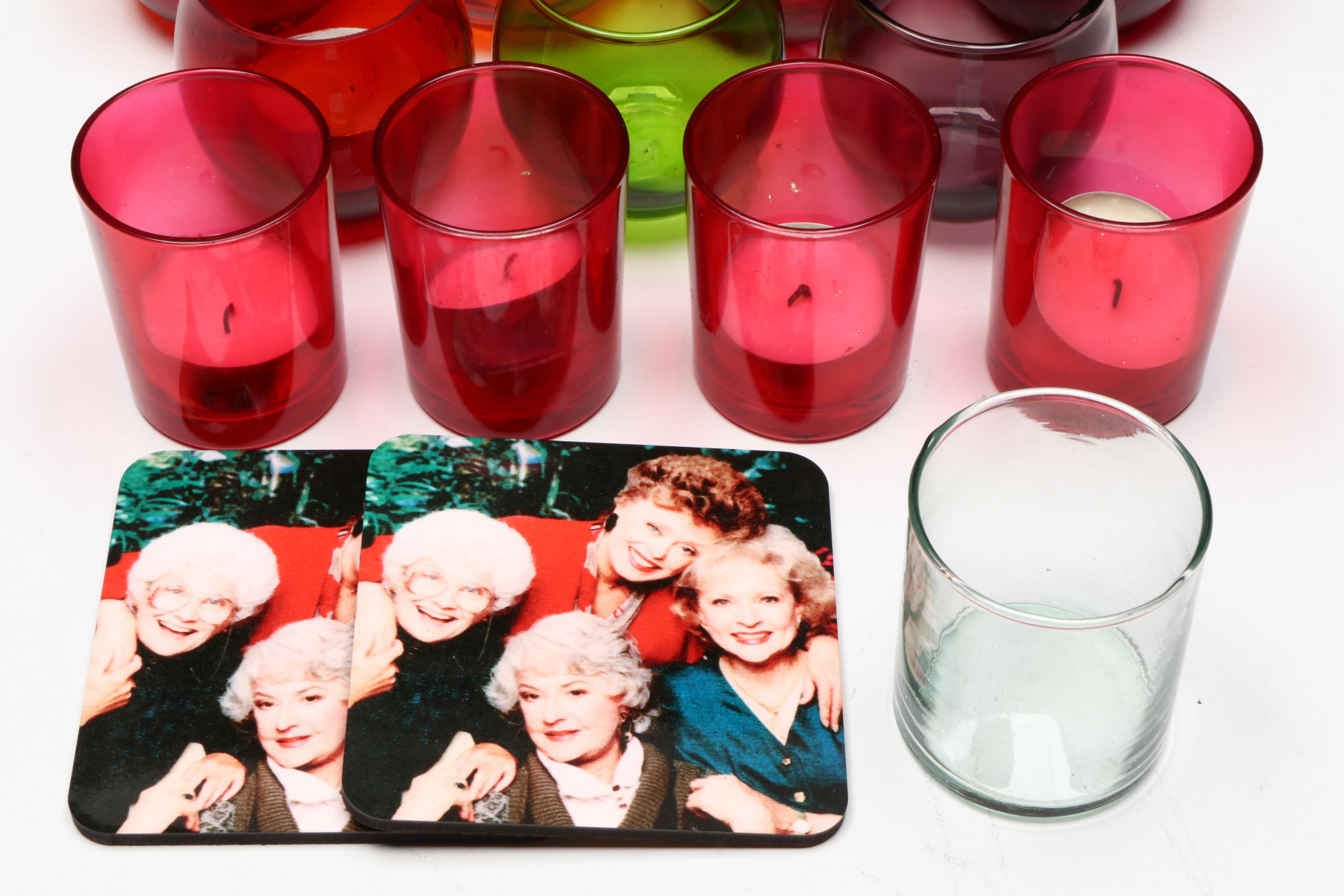 Colored Glass Votive Holders and Candles with "Golden Girls" Coasters