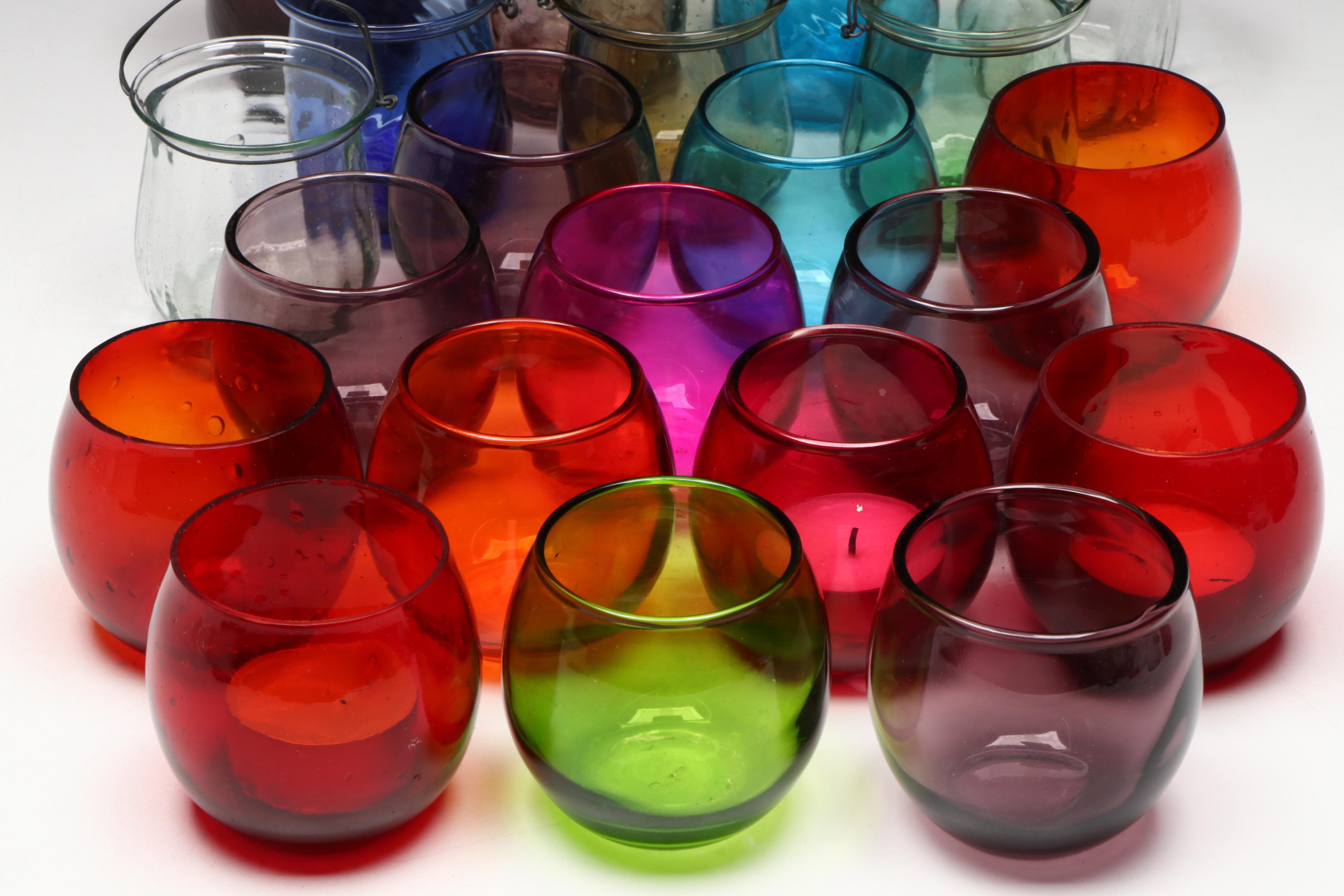 Colored Glass Votive Holders and Candles with "Golden Girls" Coasters