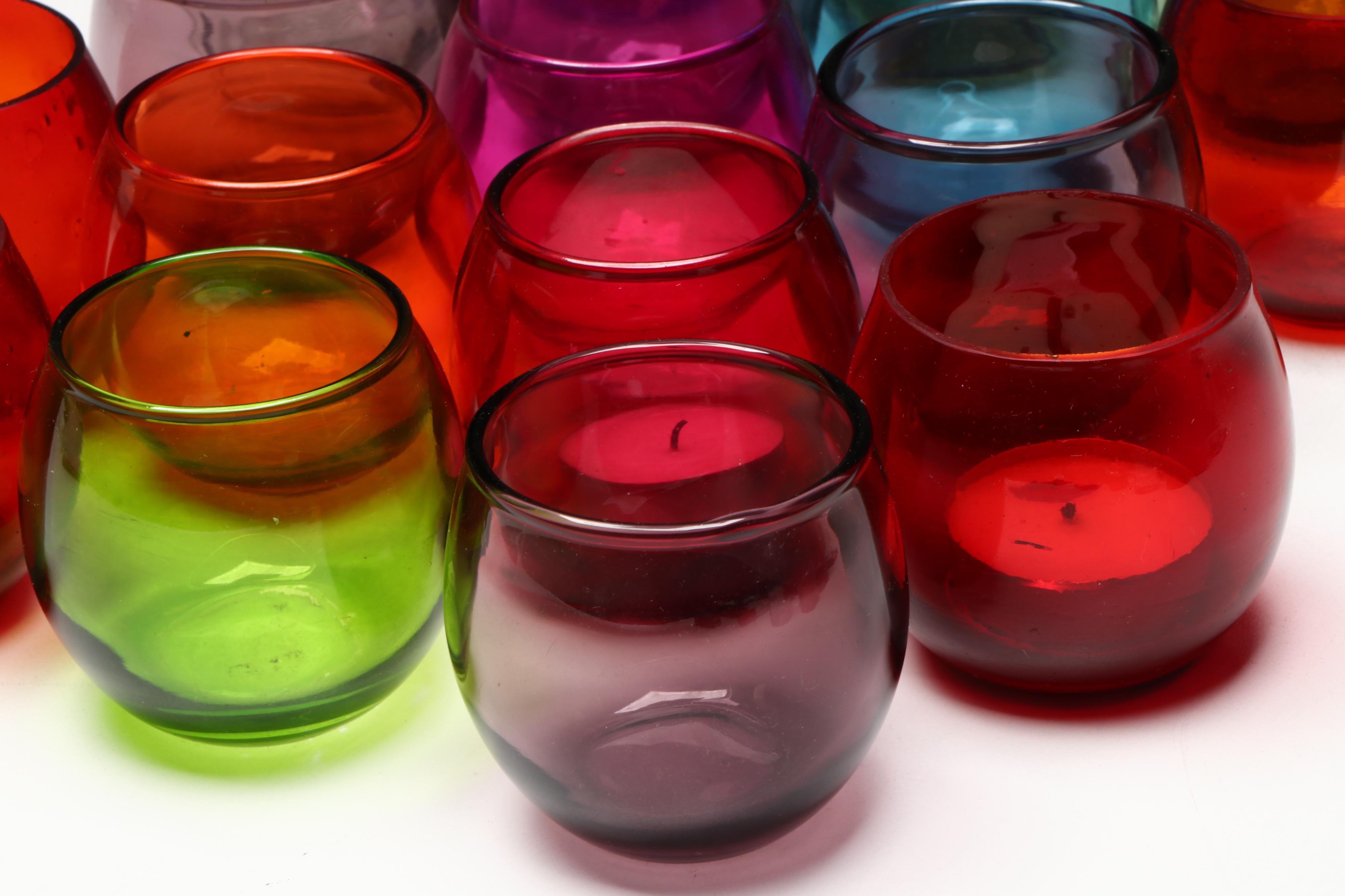 Colored Glass Votive Holders and Candles with "Golden Girls" Coasters