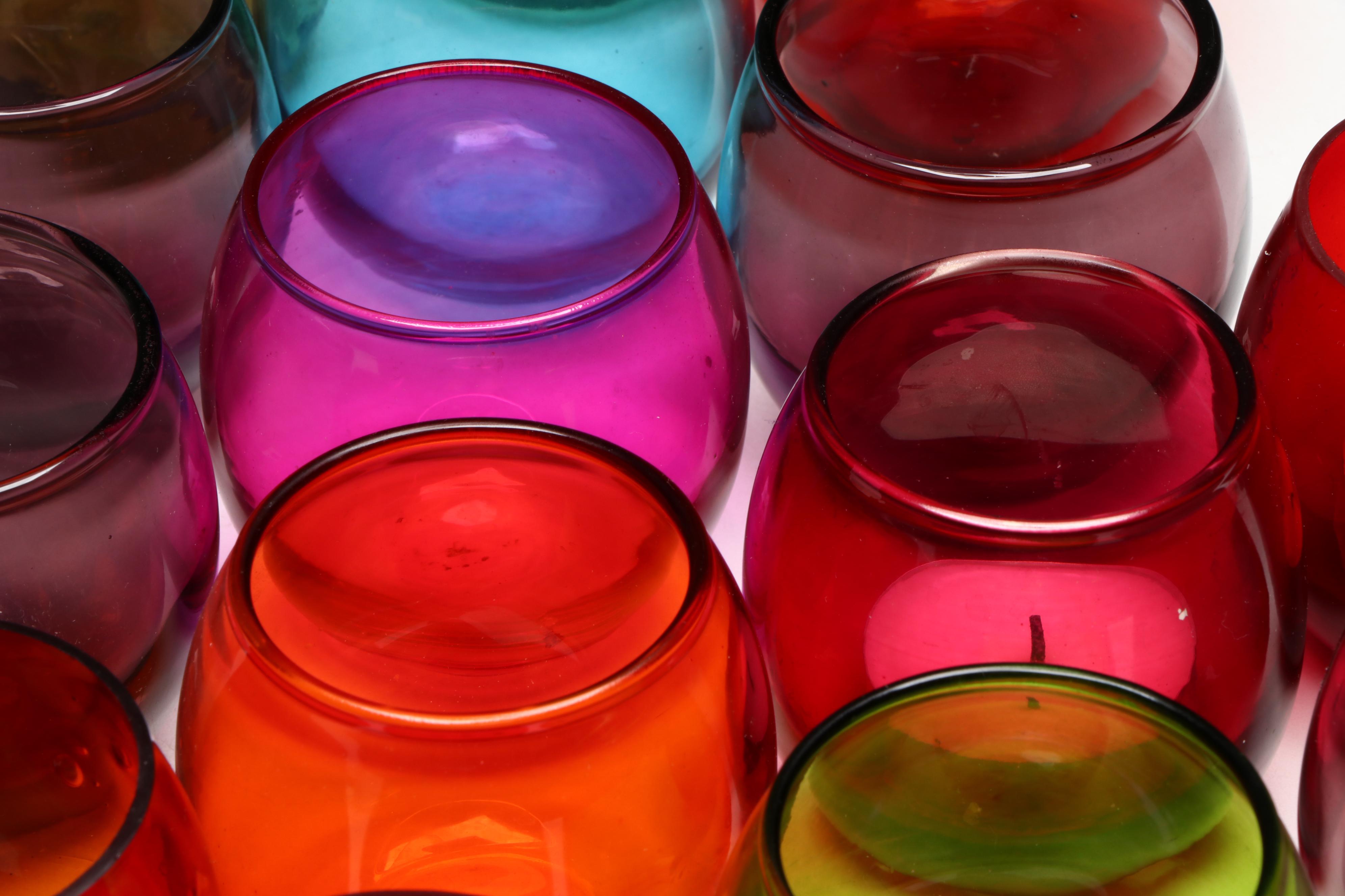 Colored Glass Votive Holders and Candles with "Golden Girls" Coasters