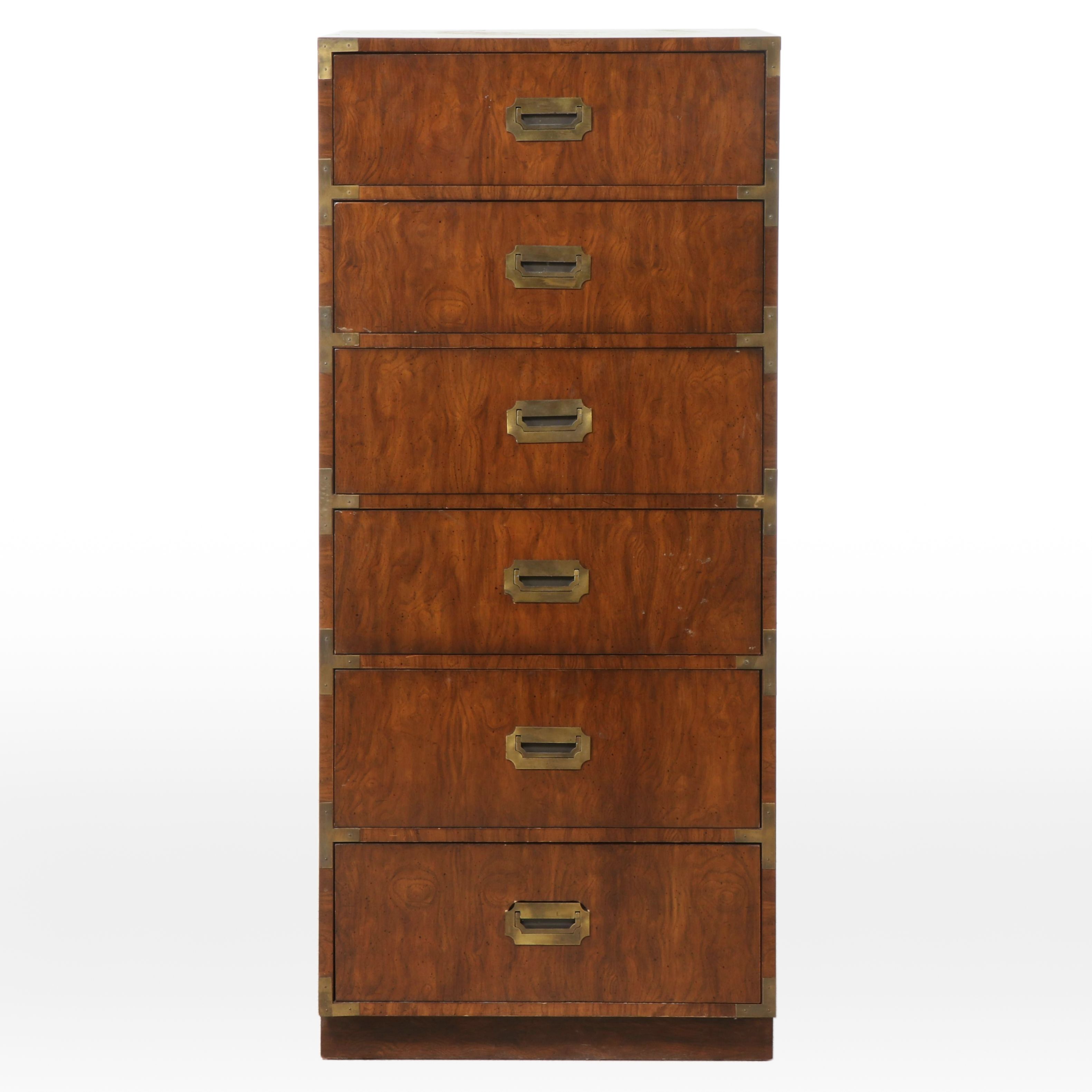 Dixie Furniture Campaign Style Brass-Mounted Walnut Six-Drawer Chest, Circa 1970
