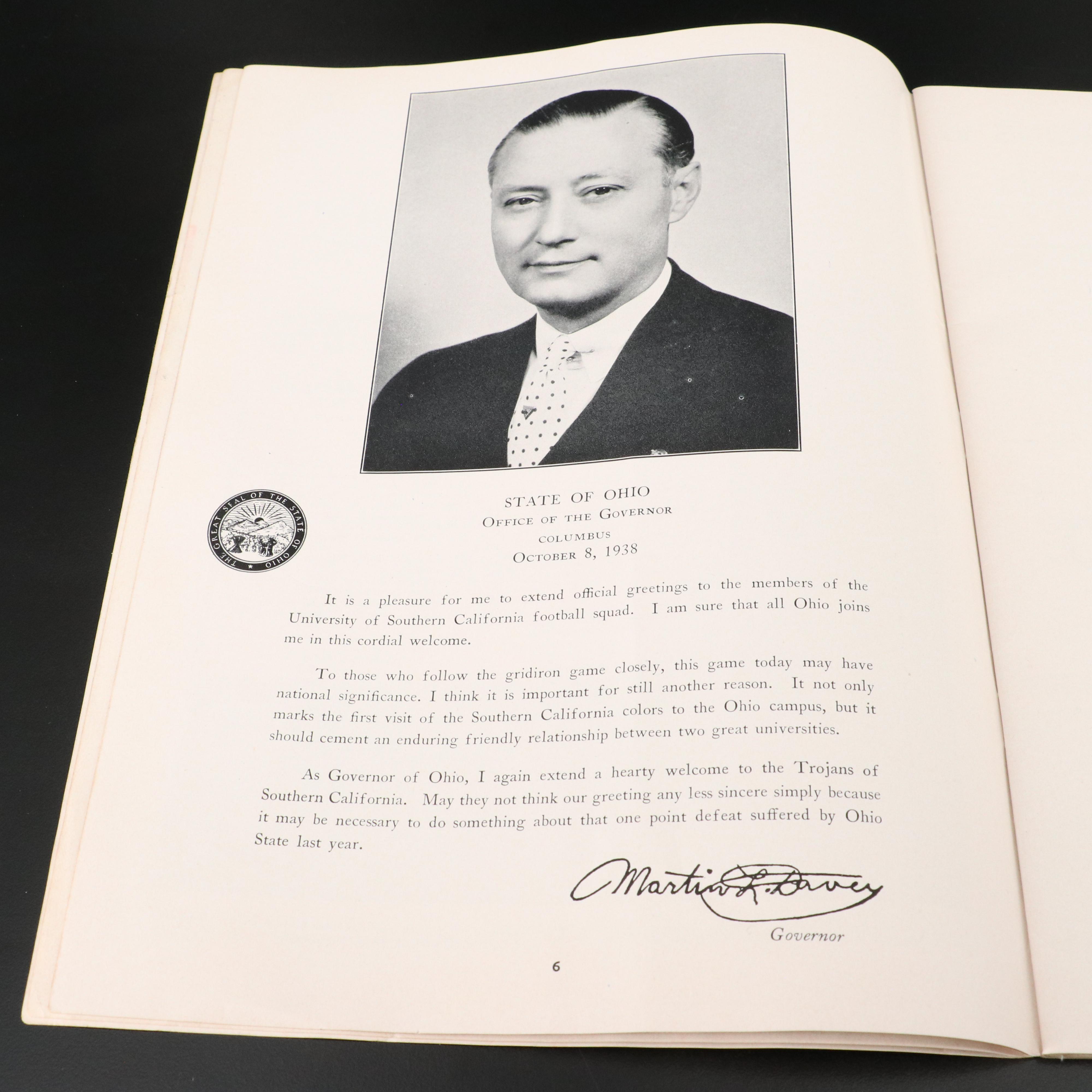 1938 Ohio State vs. Southern California Football Program