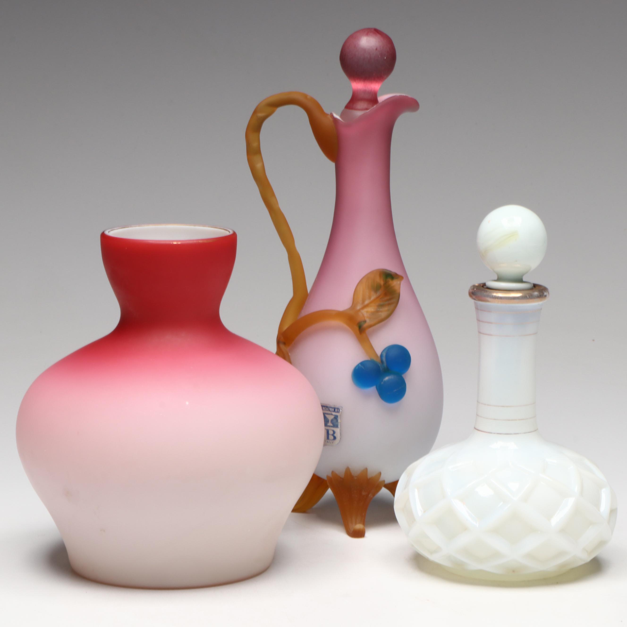 Bohemian Peachblow Vase, Italian Satin Glass & Rigaree Ewer, More