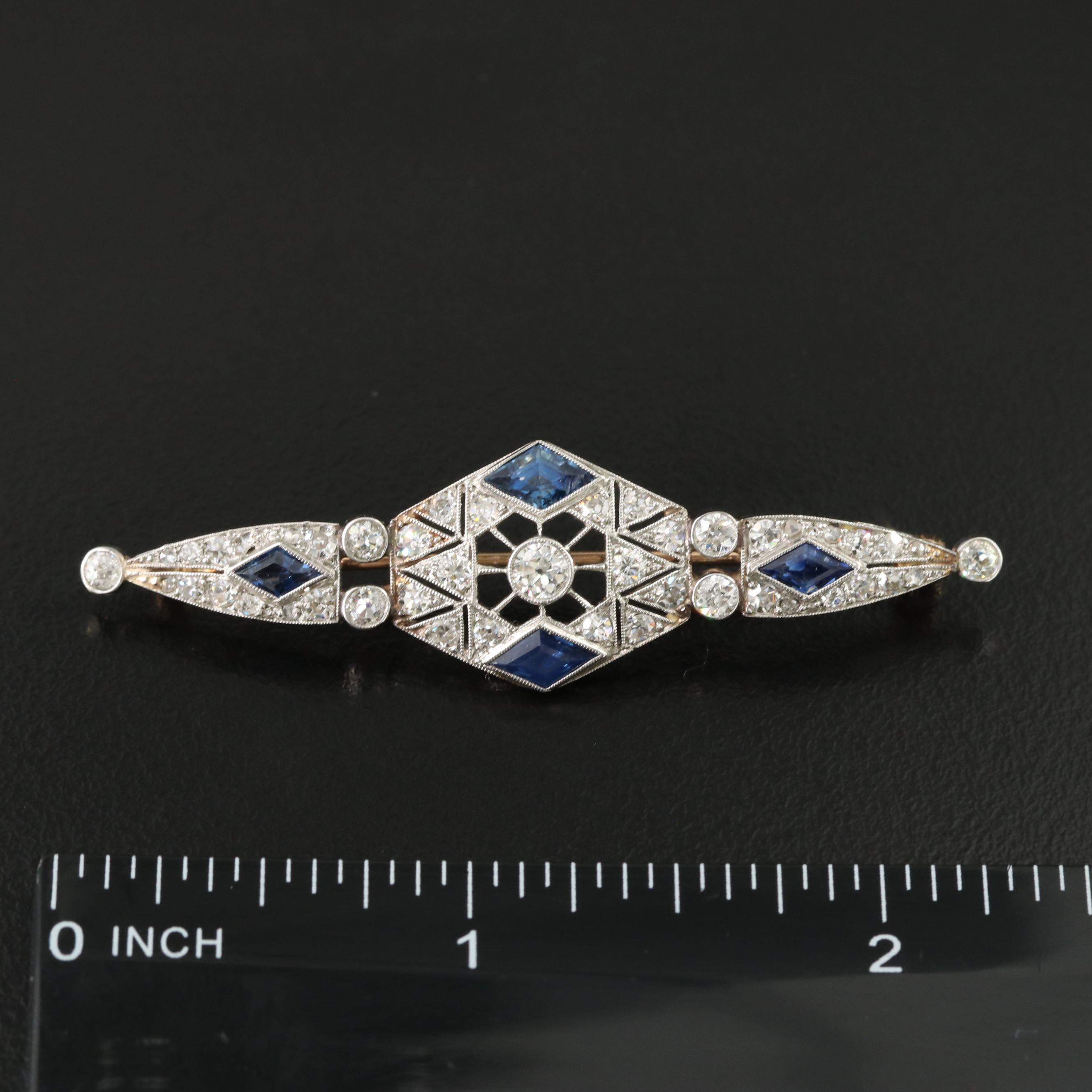 Art Deco Platinum 1.34 CTW Diamond and Sapphire Brooch