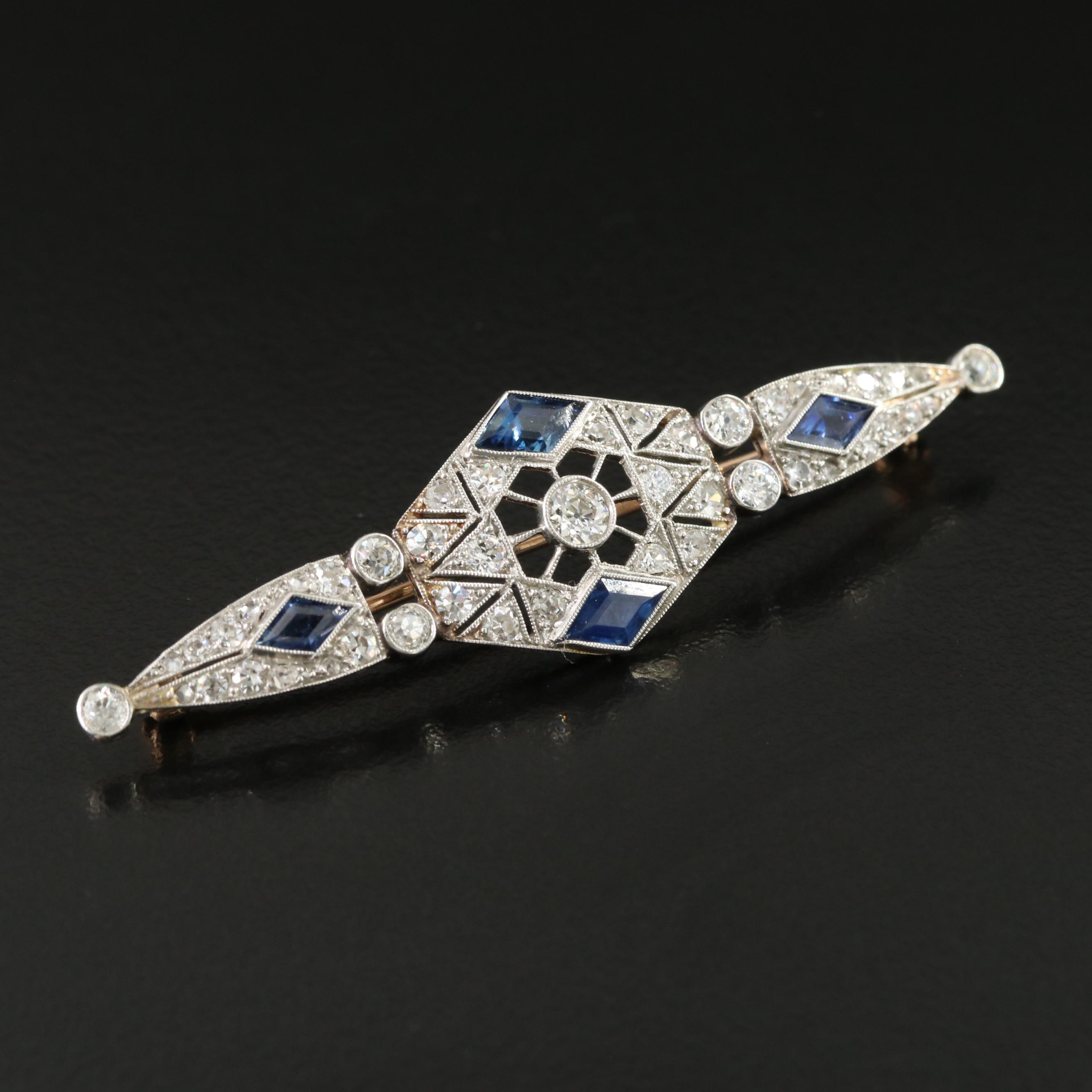 Art Deco Platinum 1.34 CTW Diamond and Sapphire Brooch