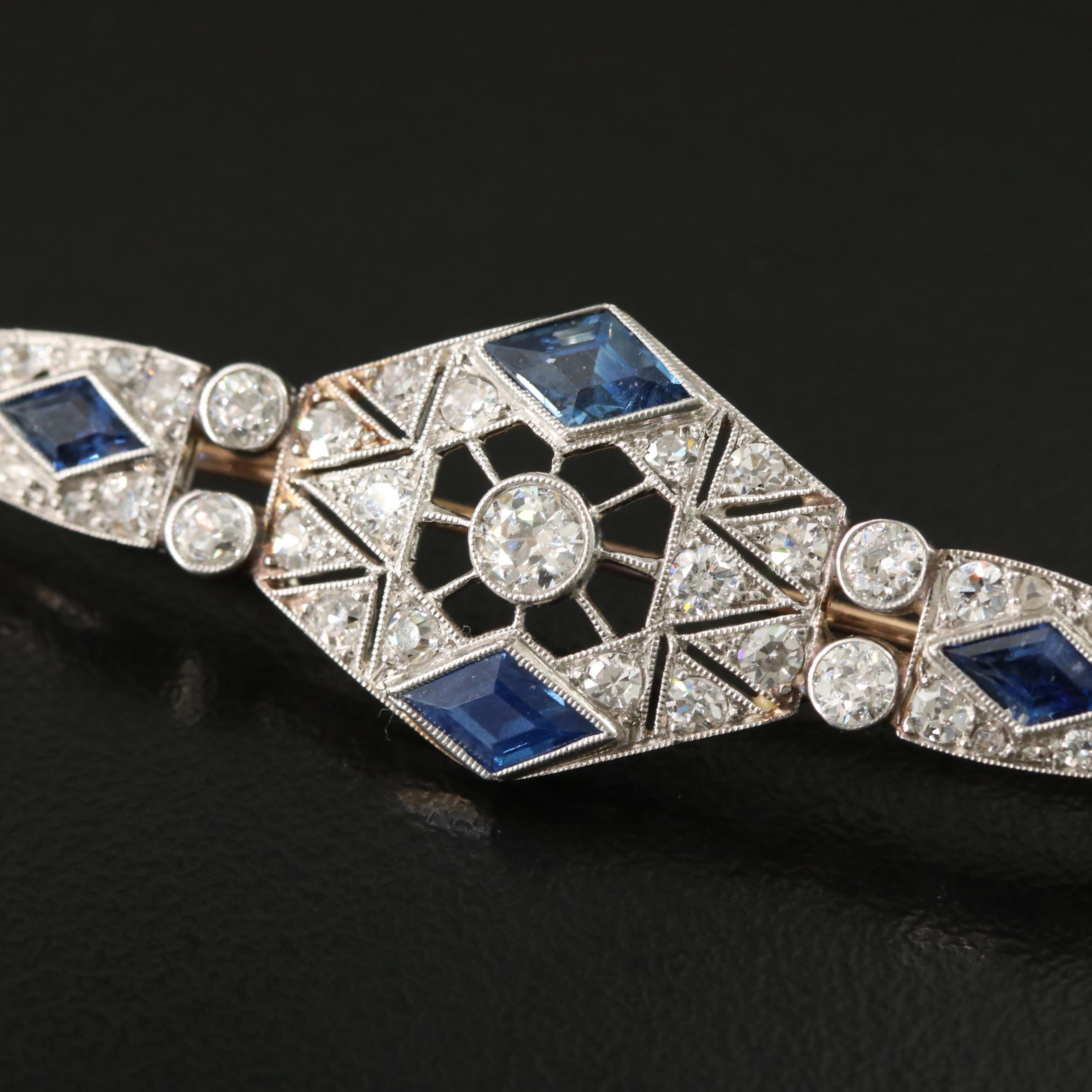 Art Deco Platinum 1.34 CTW Diamond and Sapphire Brooch