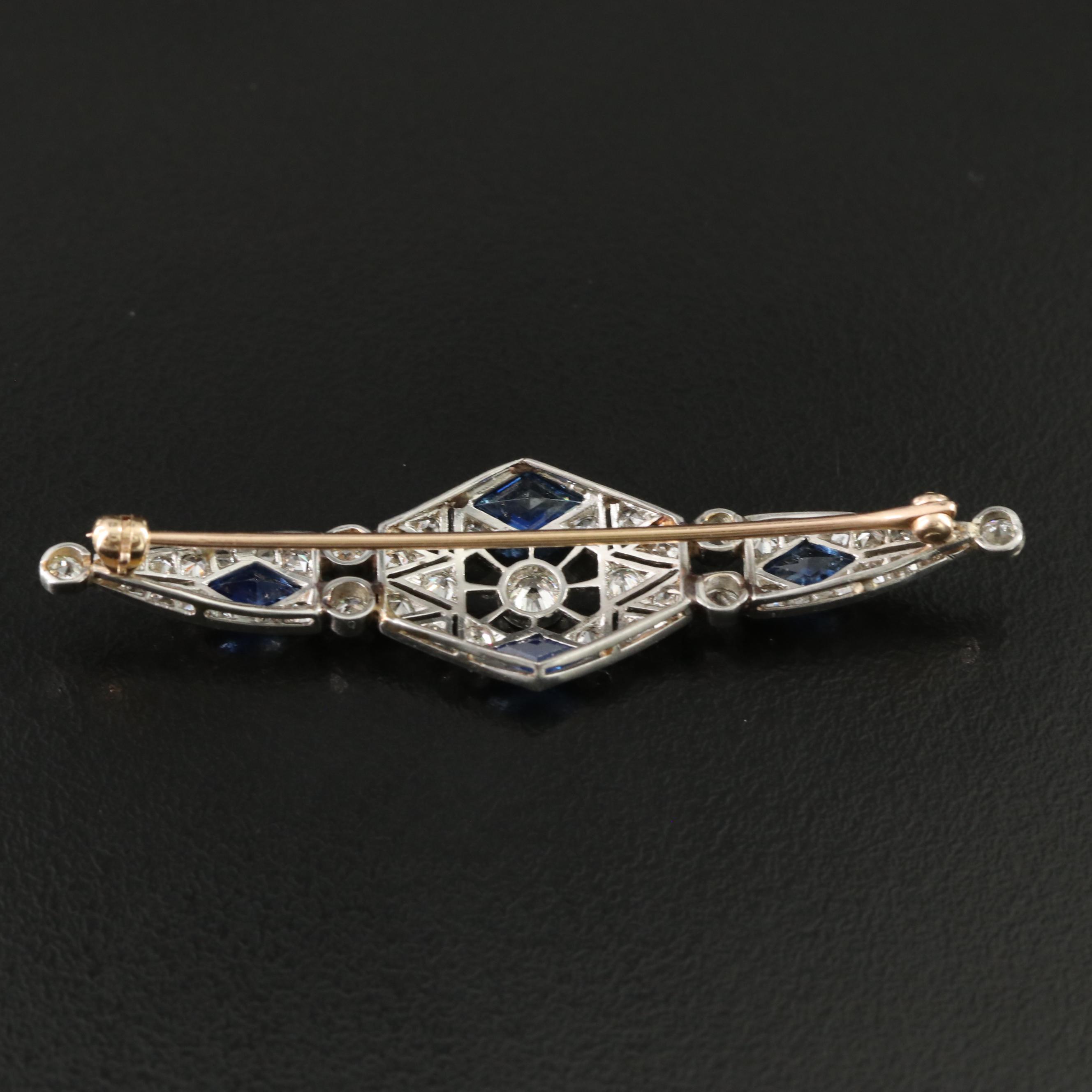 Art Deco Platinum 1.34 CTW Diamond and Sapphire Brooch