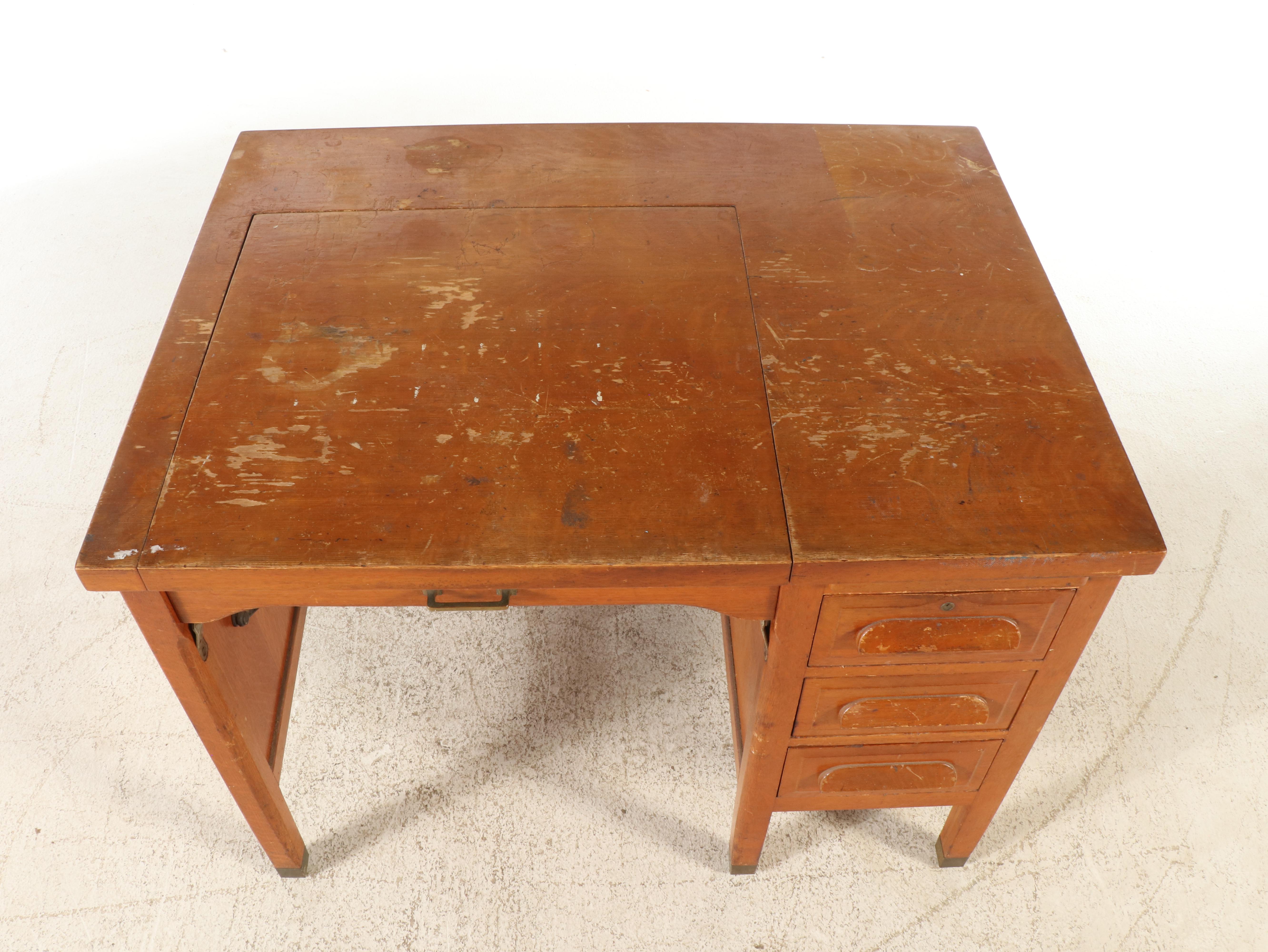 Mid Century Modern Wood Typewriter Desk with L. C. Smith & Corona Typewriter