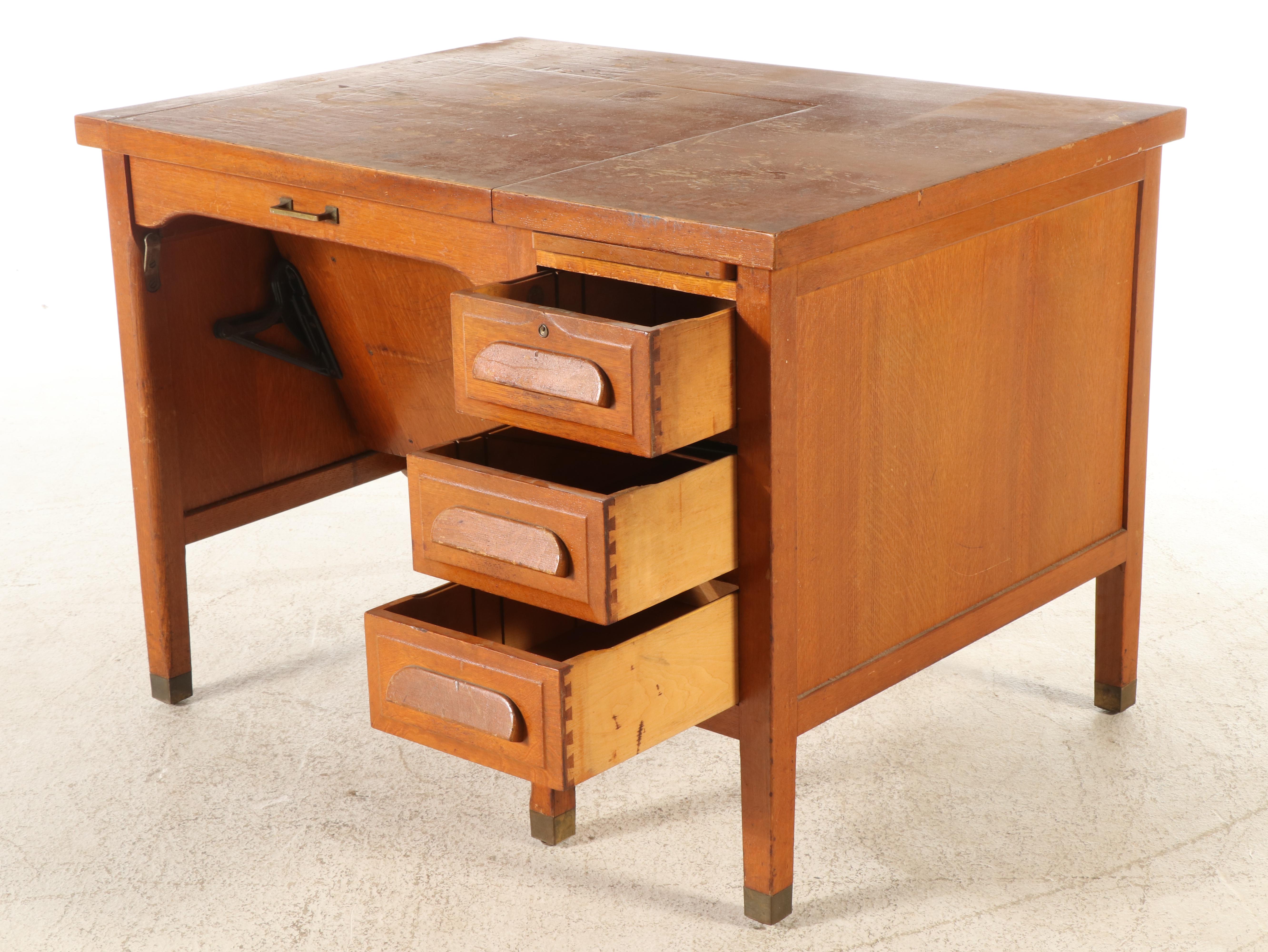 Mid Century Modern Wood Typewriter Desk with L. C. Smith & Corona Typewriter