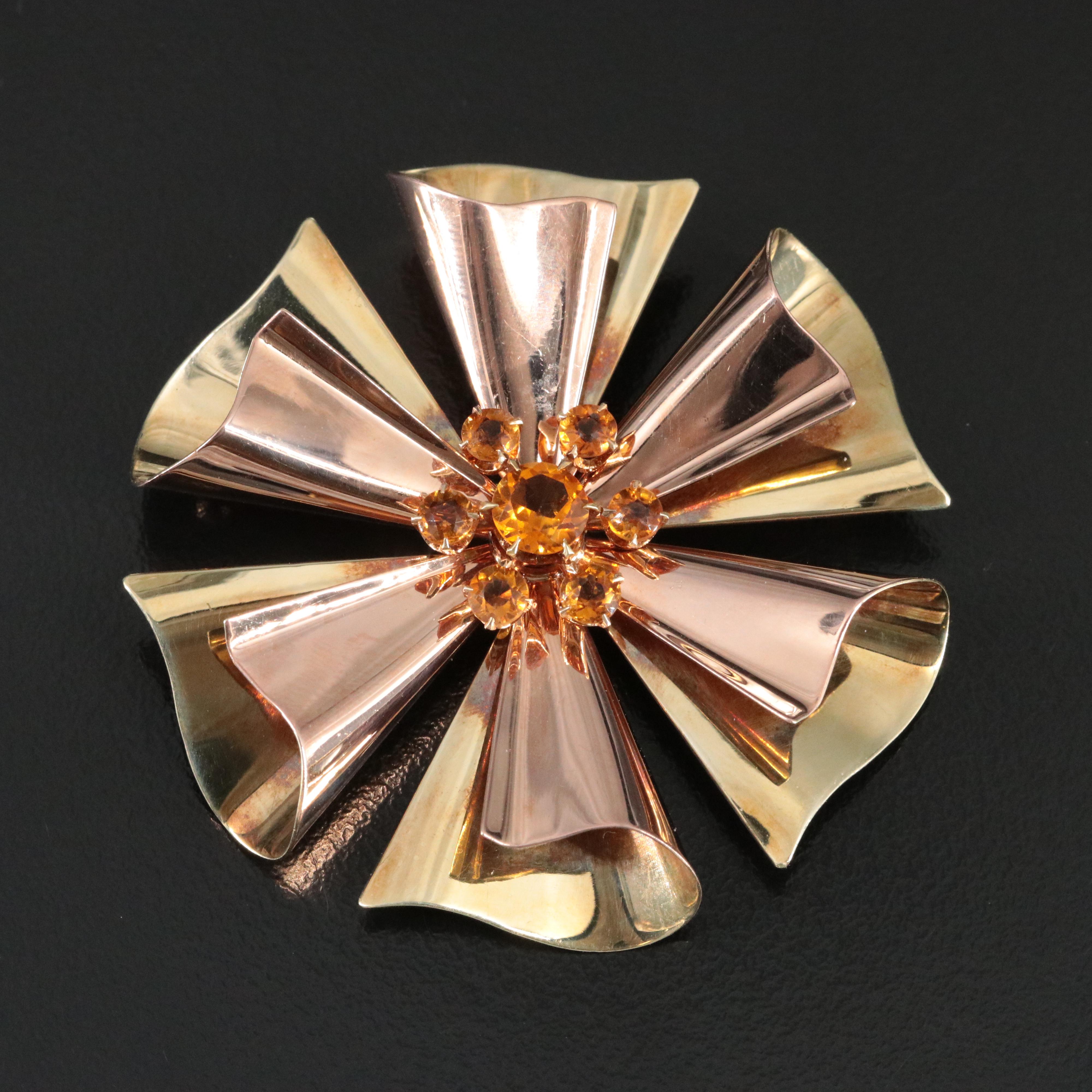 Retro 14K Citrine Two-Tone Floral Brooch
