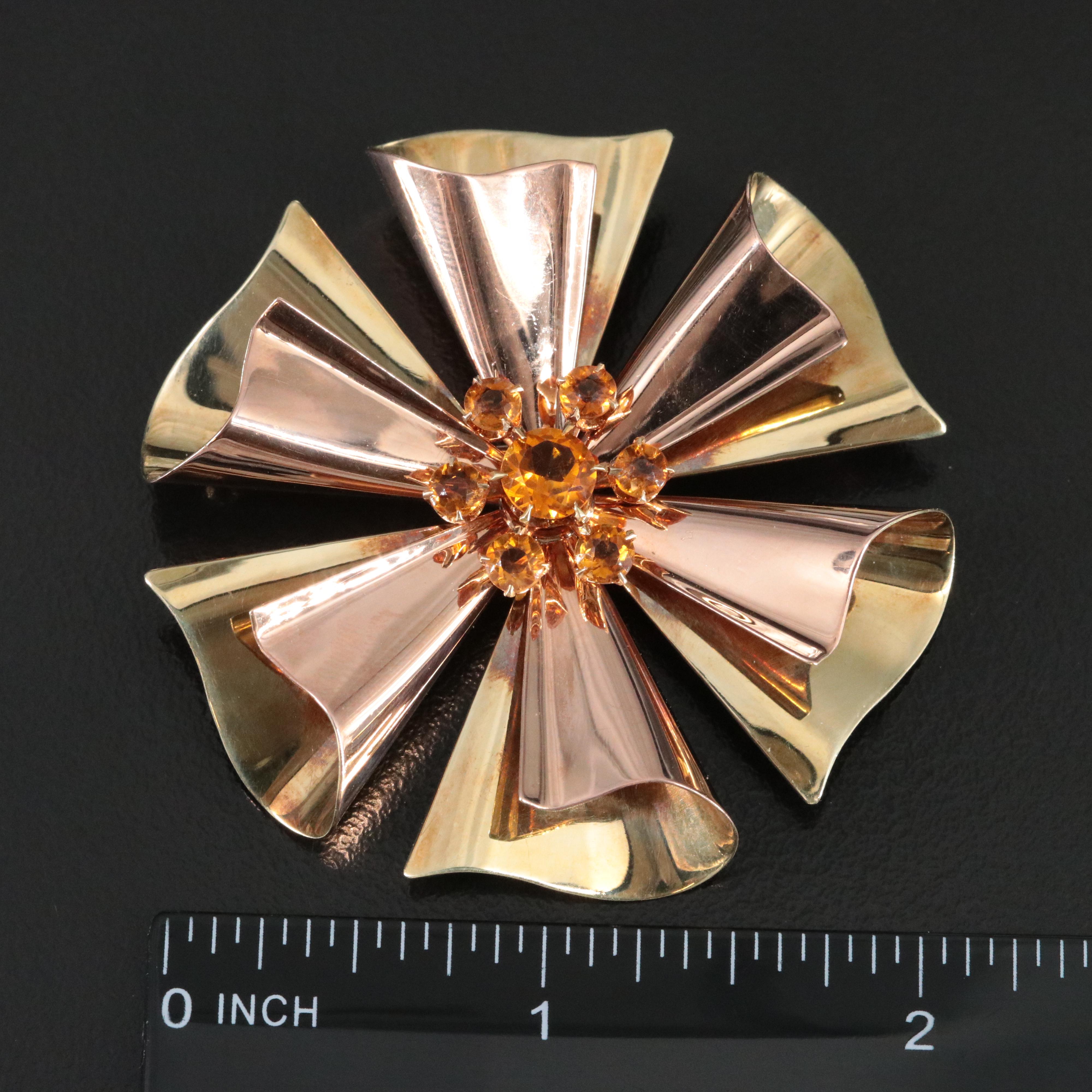 Retro 14K Citrine Two-Tone Floral Brooch