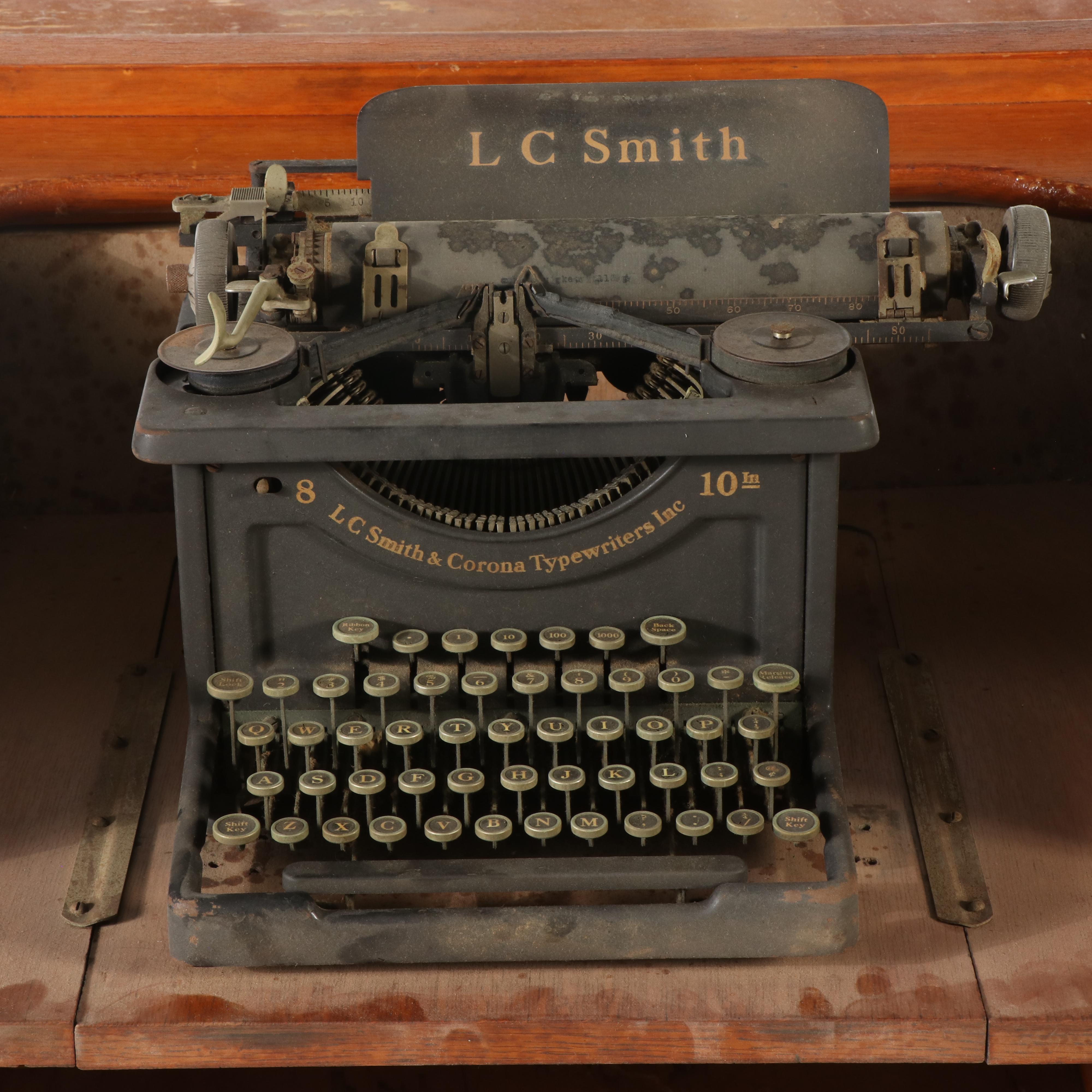 Mid Century Modern Wood Typewriter Desk with L. C. Smith & Corona Typewriter