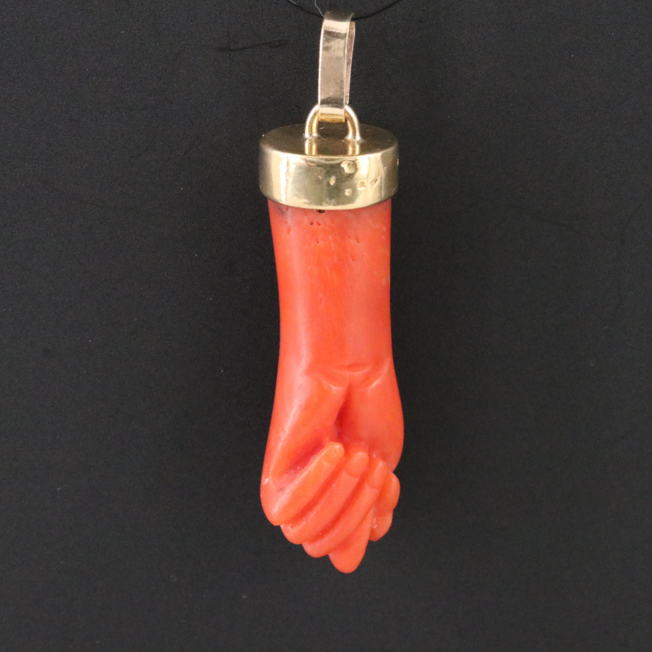 Vintage 14K Carved Coral Figa Pendant