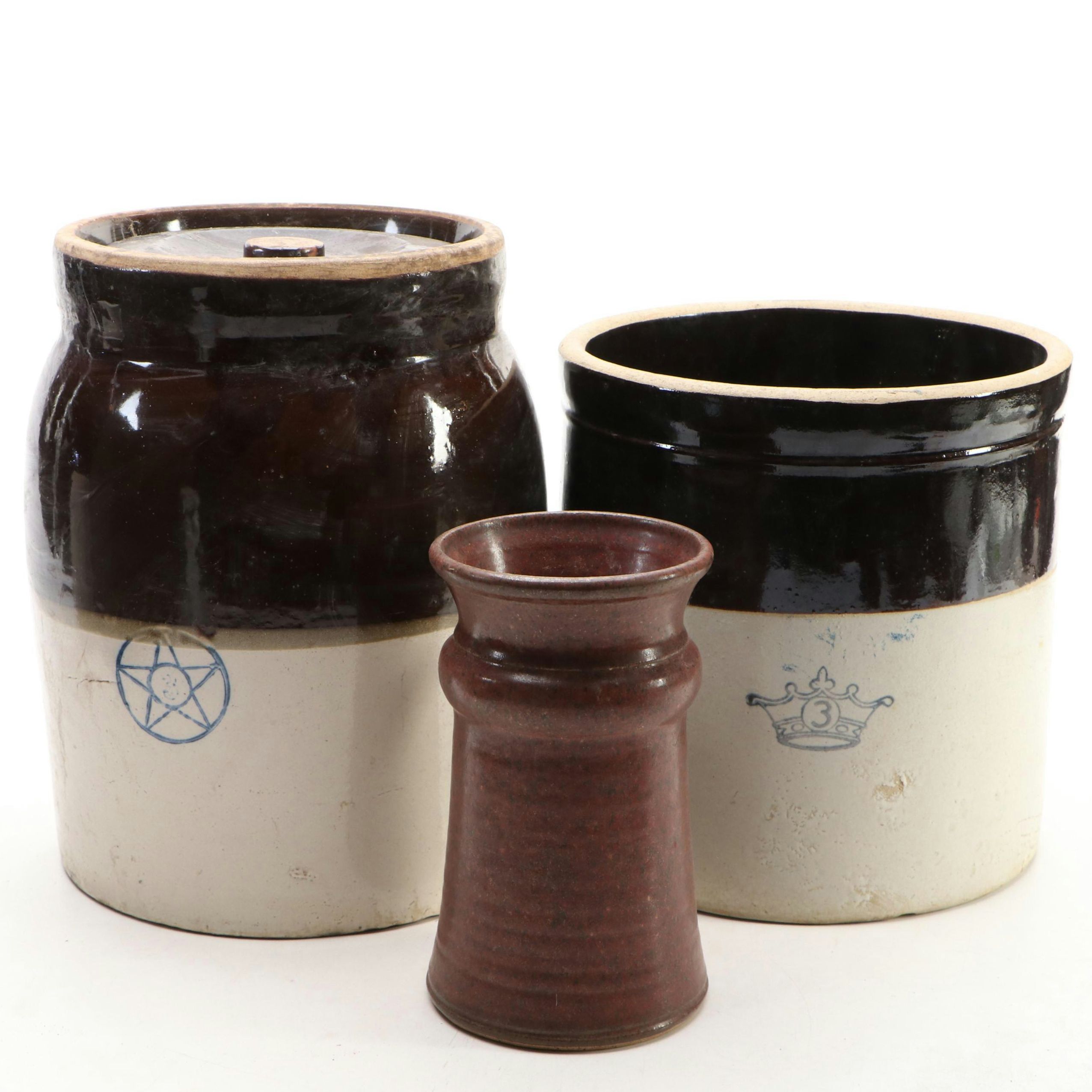 Robinson Ransbottom and Other Salt Glazed Stoneware Crocks with Art Pottery Vase