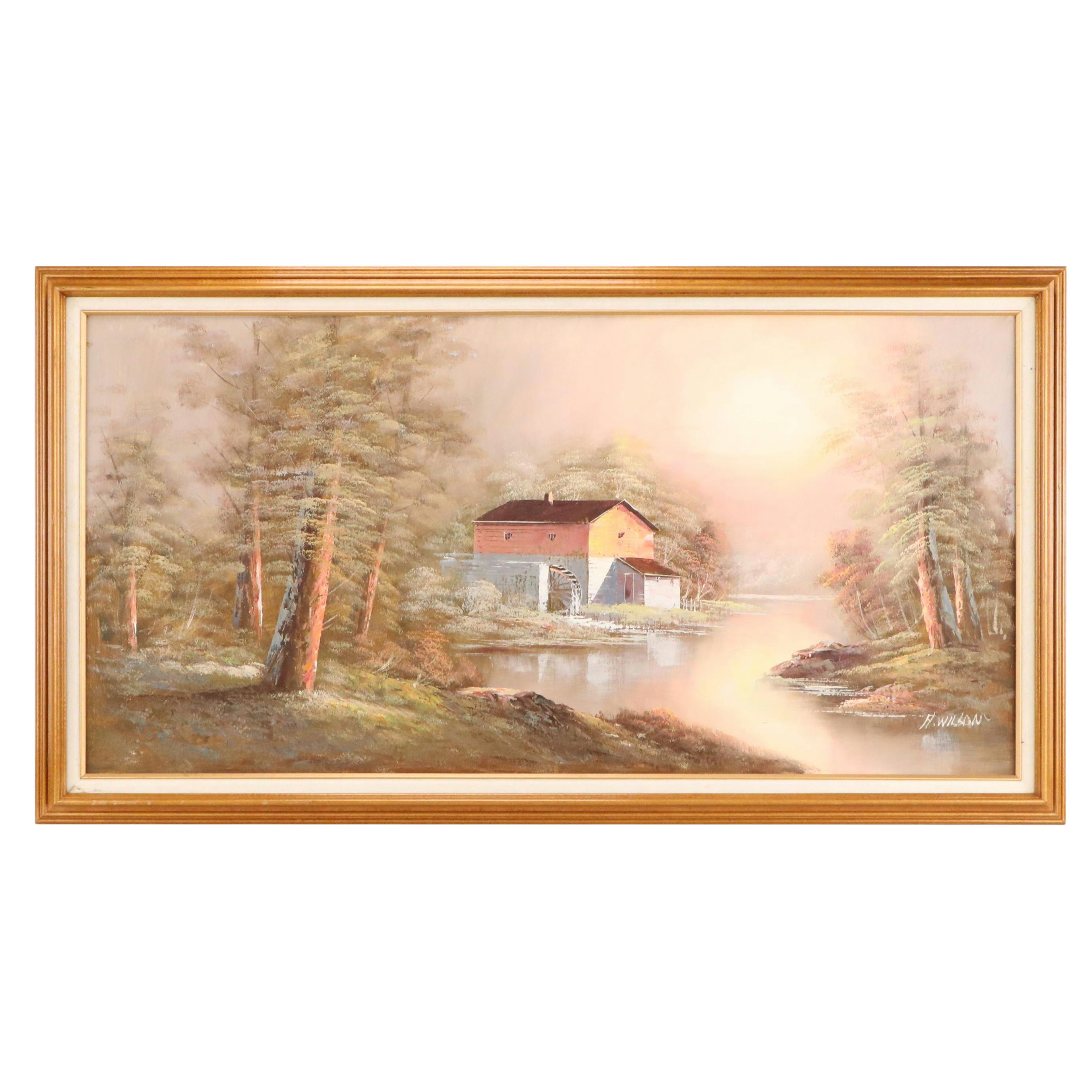 H. Wilson Landscape Oil Painting With Mill, Mid to Late 20th Century