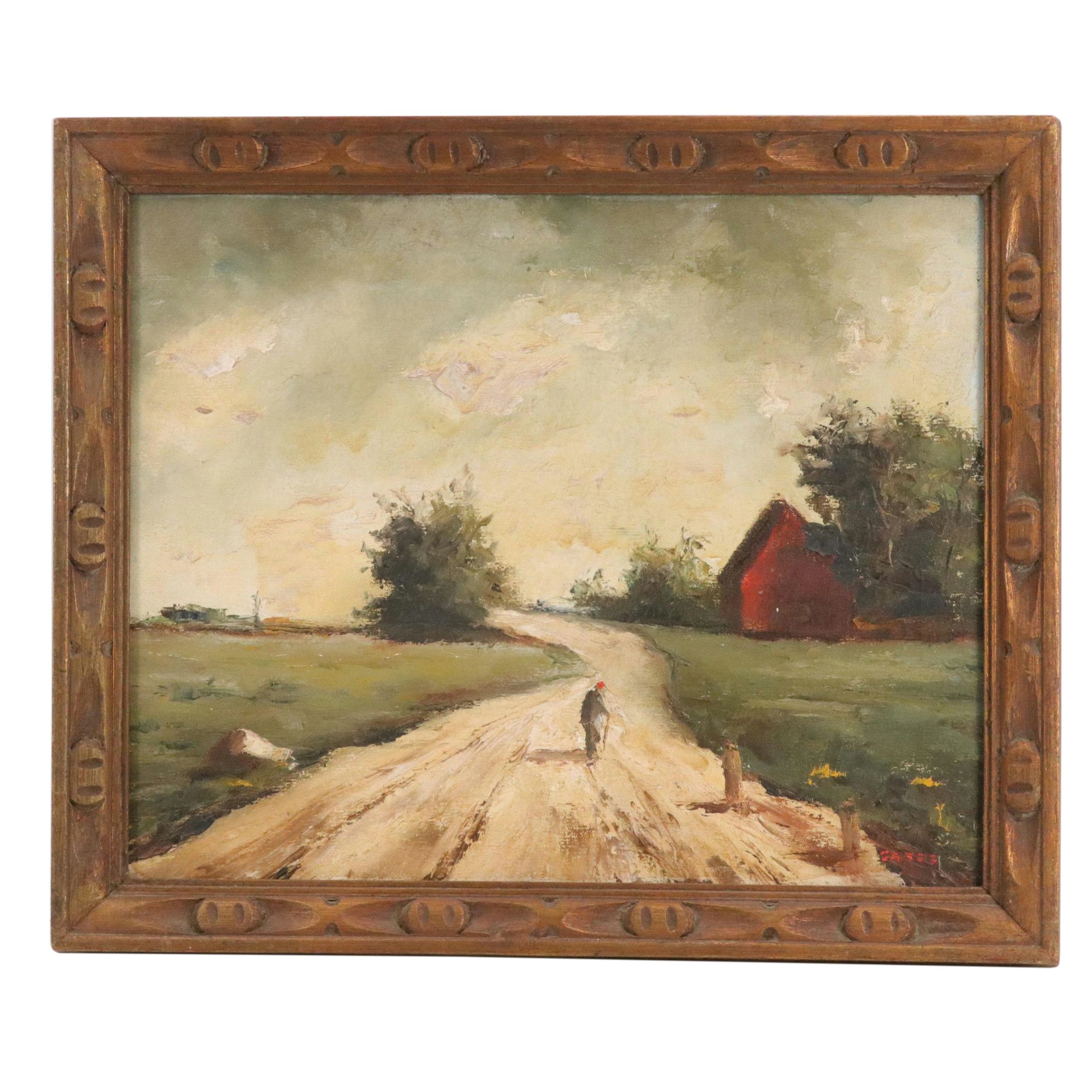 Gates Rural Landscape Oil Painting With Figure on a Path, 20th Century