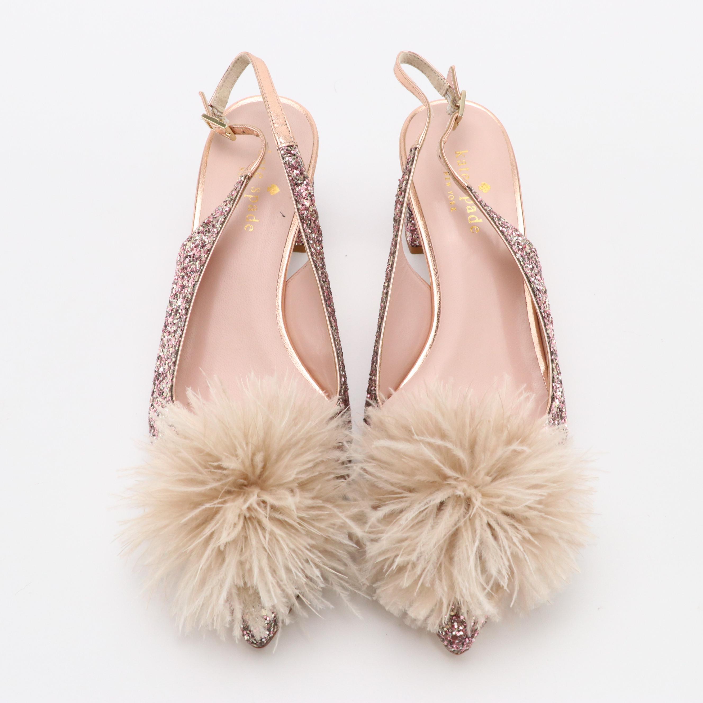 Kate Spade New York Pink Glitter Feather Accented Slingback Block Heels