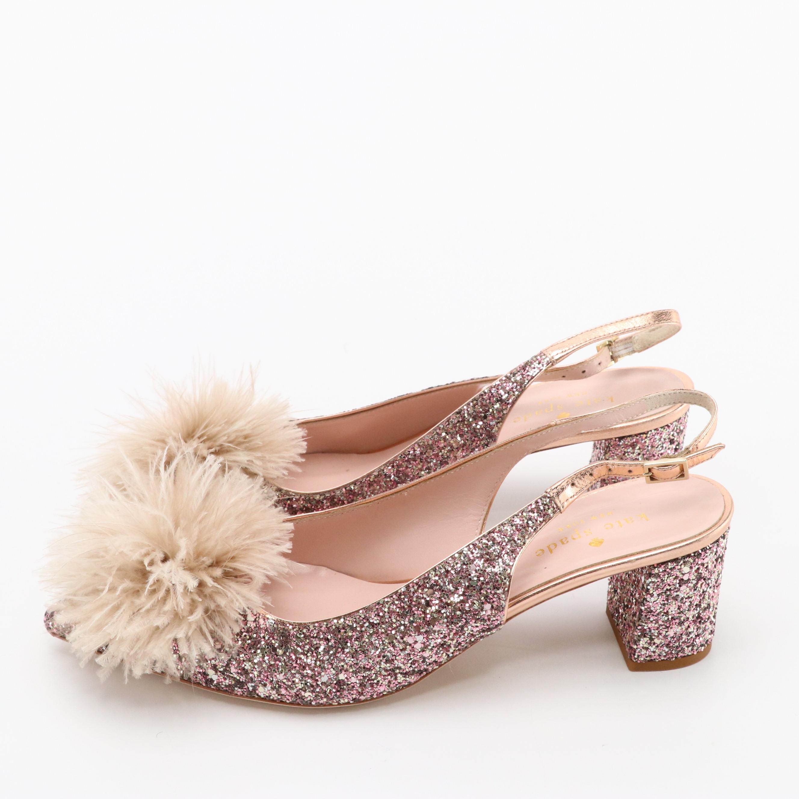 Kate Spade New York Pink Glitter Feather Accented Slingback Block Heels