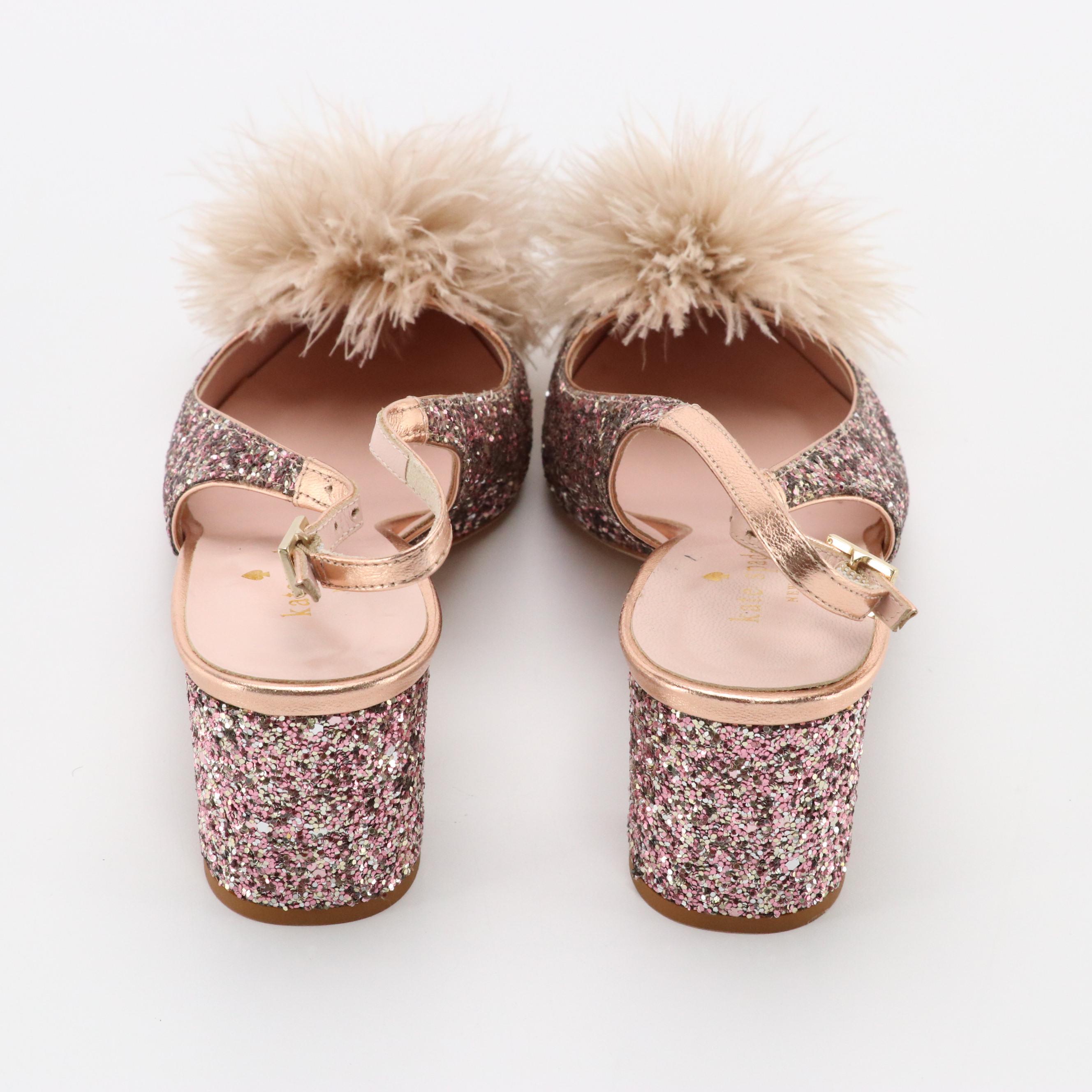 Kate Spade New York Pink Glitter Feather Accented Slingback Block Heels
