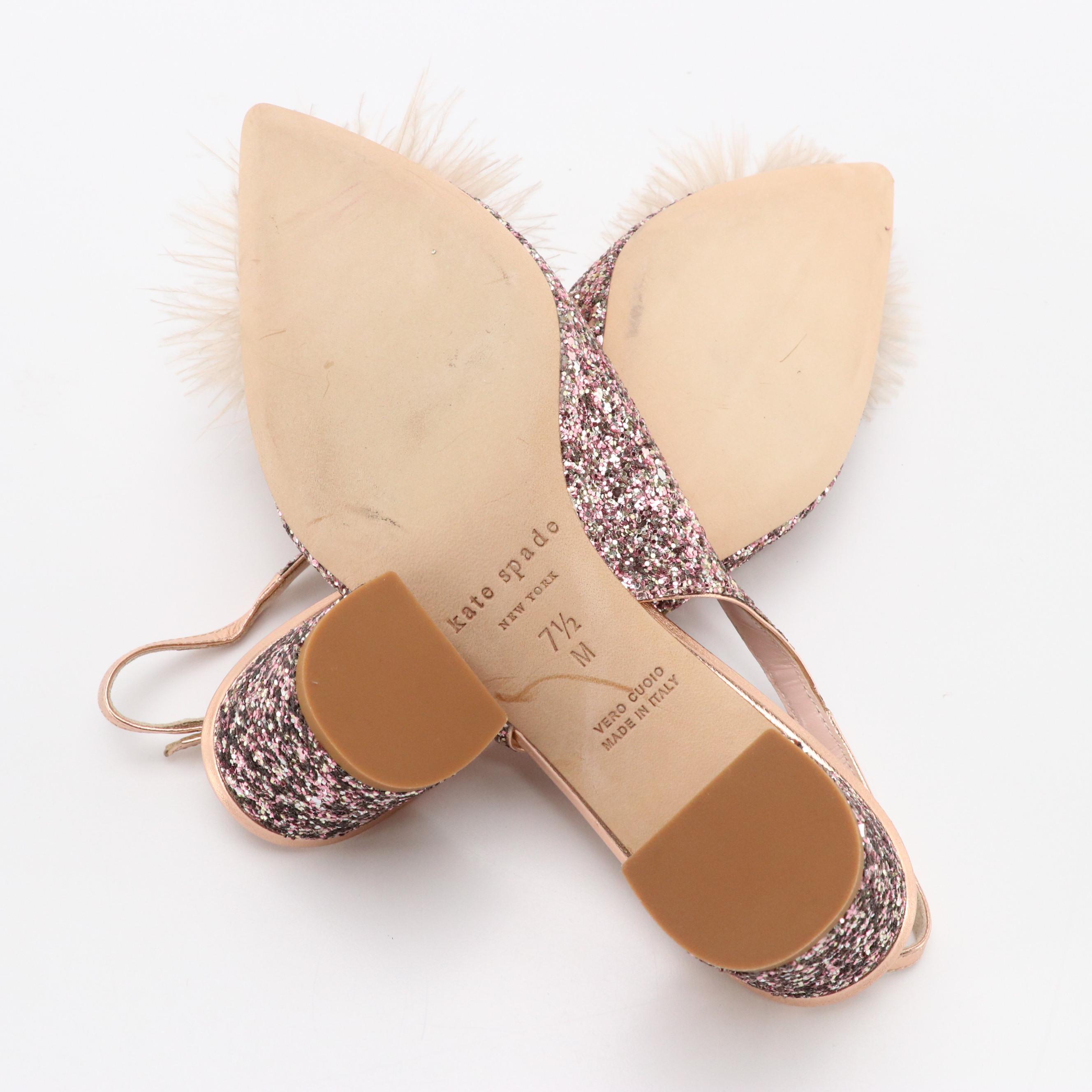 Kate Spade New York Pink Glitter Feather Accented Slingback Block Heels