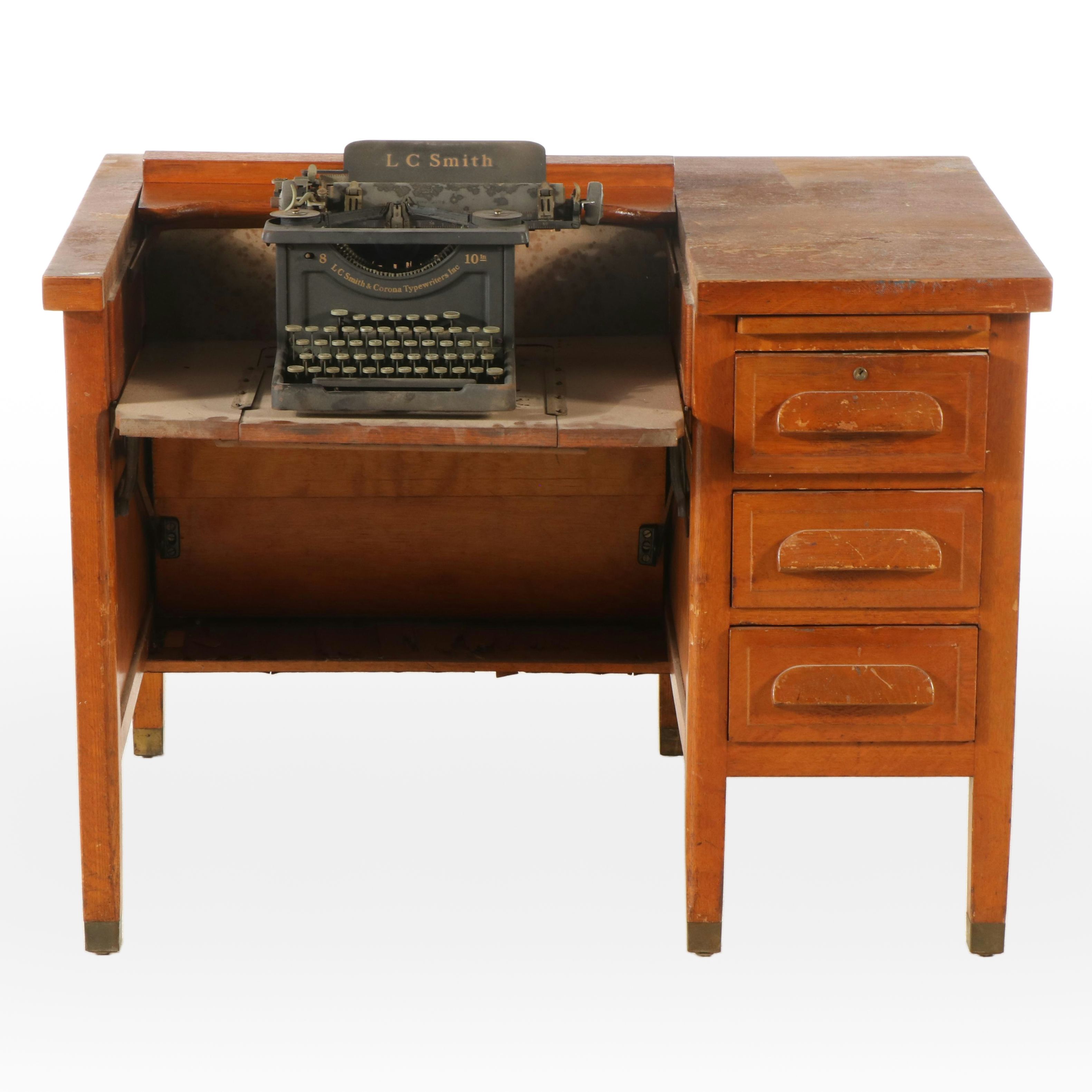 Mid Century Modern Wood Typewriter Desk with L. C. Smith & Corona Typewriter