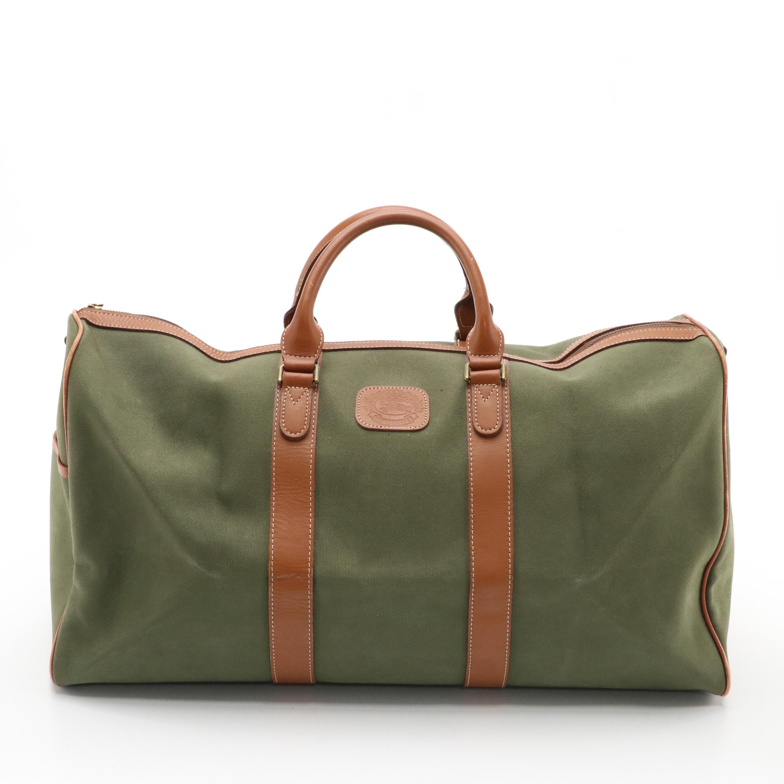 Burberrys Army Green Canvas Travel Duffel Bag with Brown Leather Trim