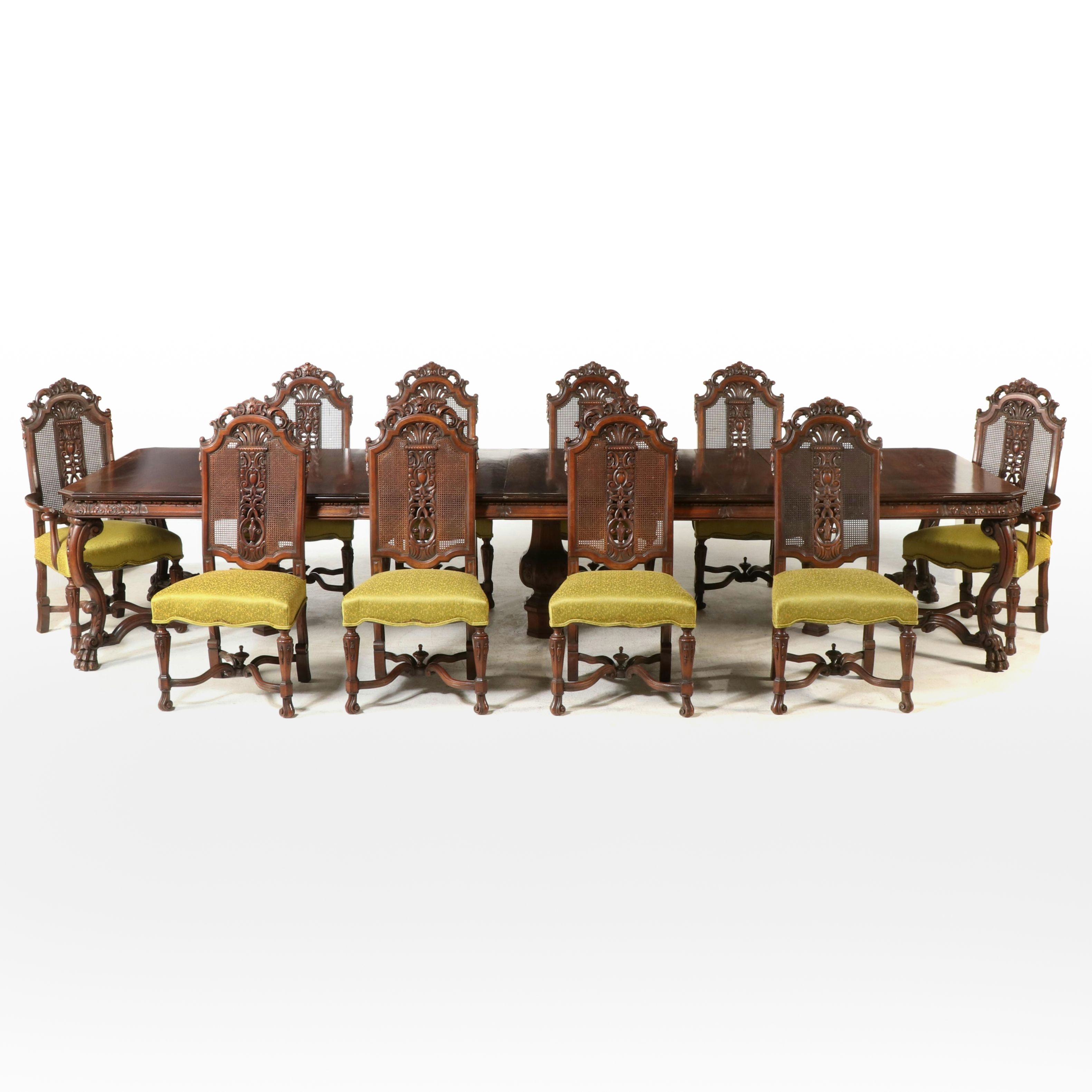 Spanish Baroque Style Walnut Dining Table and Ten Chairs, 20th Century