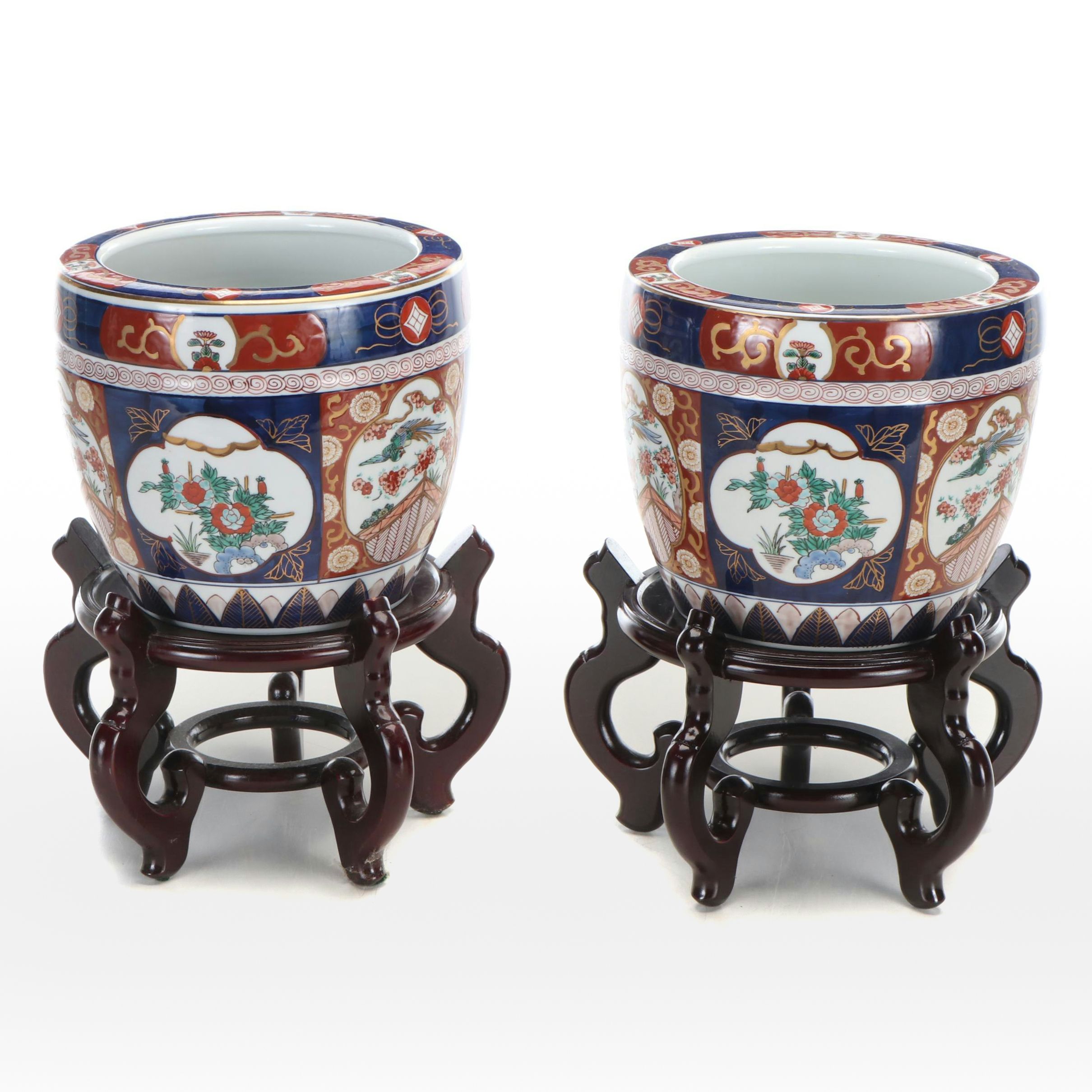 Pair of Japanese Gold Imari Porcelain Fishbowl Planters with Carved Stands