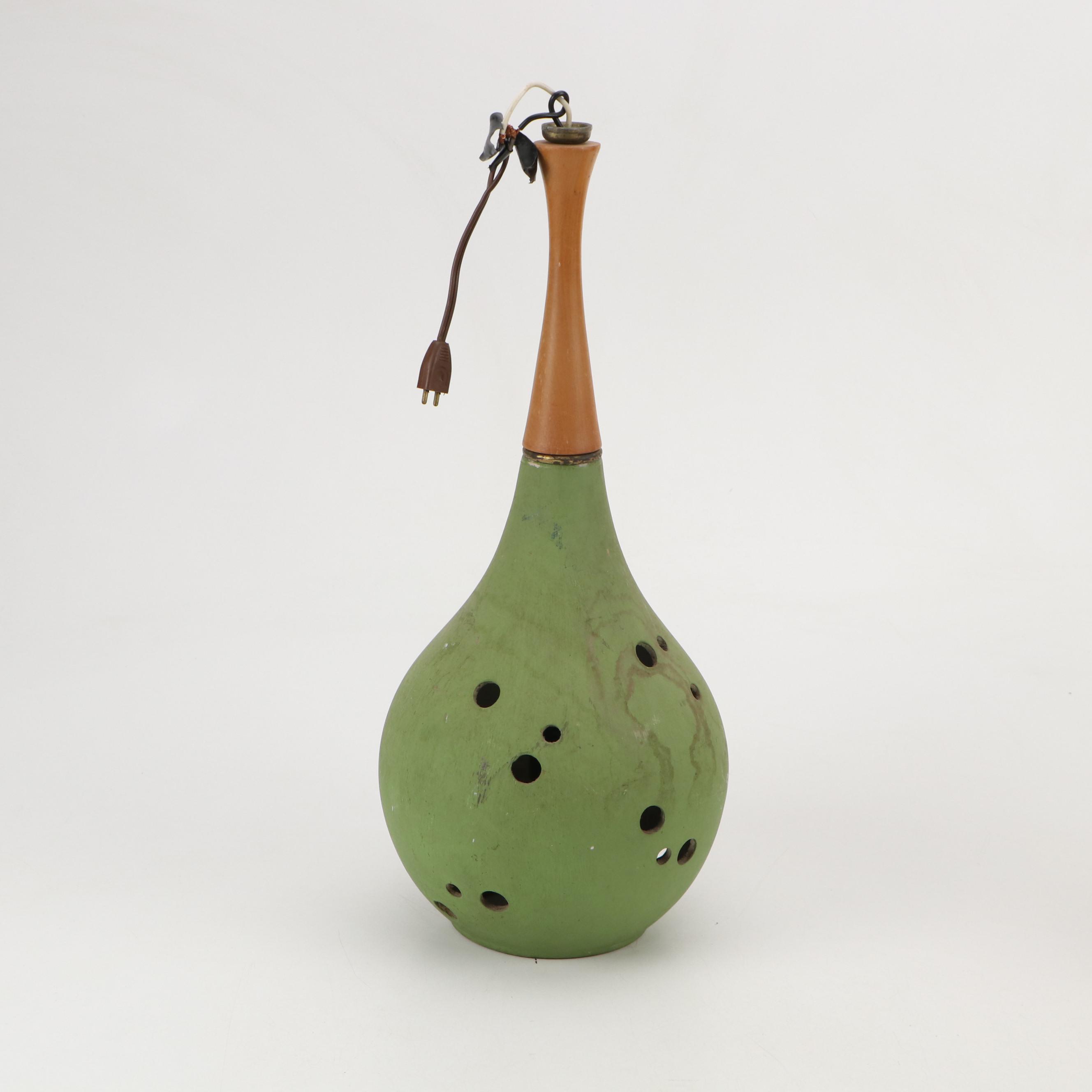 Vintage MCM Wood and Ceramic Pendant Light Fixtures, Set of Three