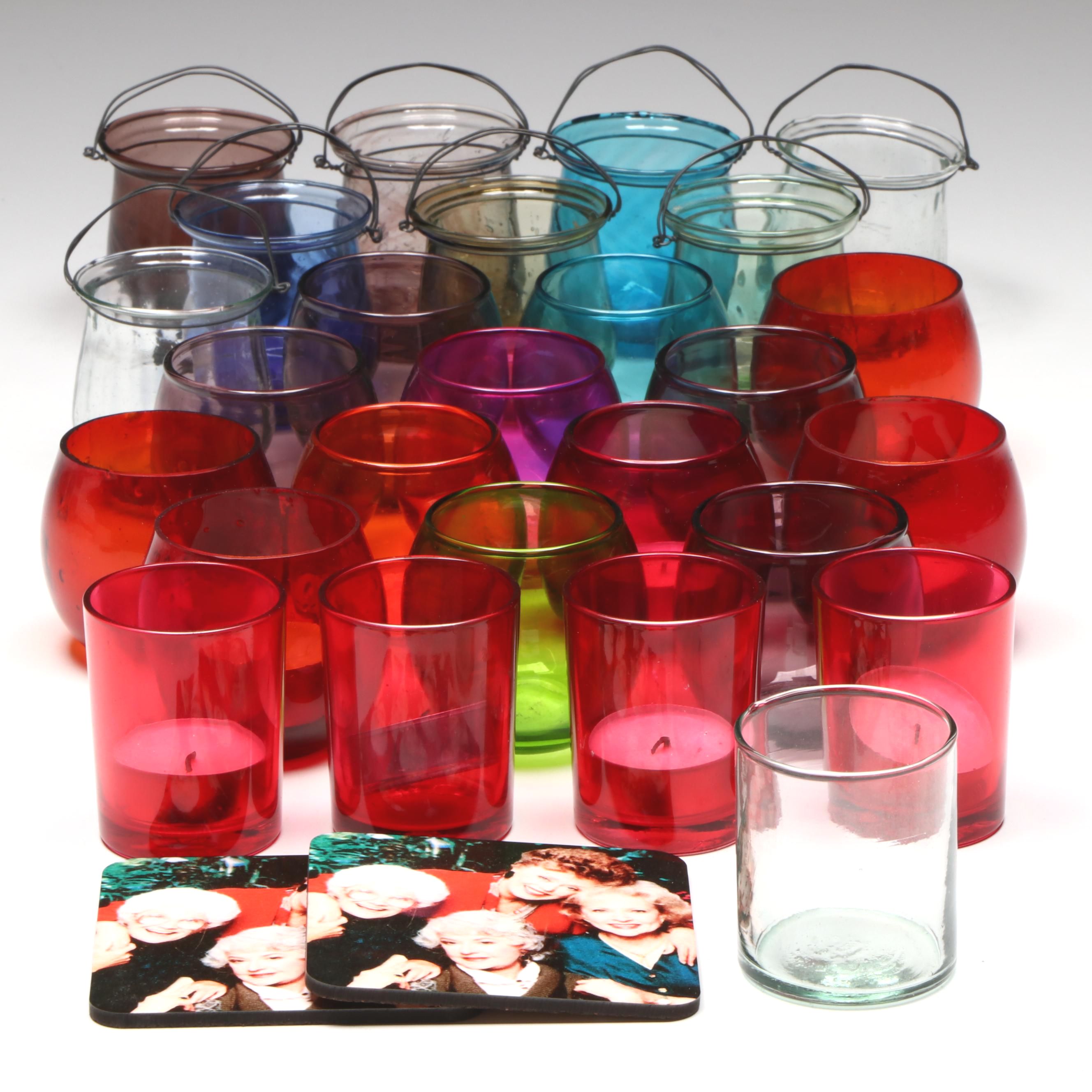 Colored Glass Votive Holders and Candles with "Golden Girls" Coasters