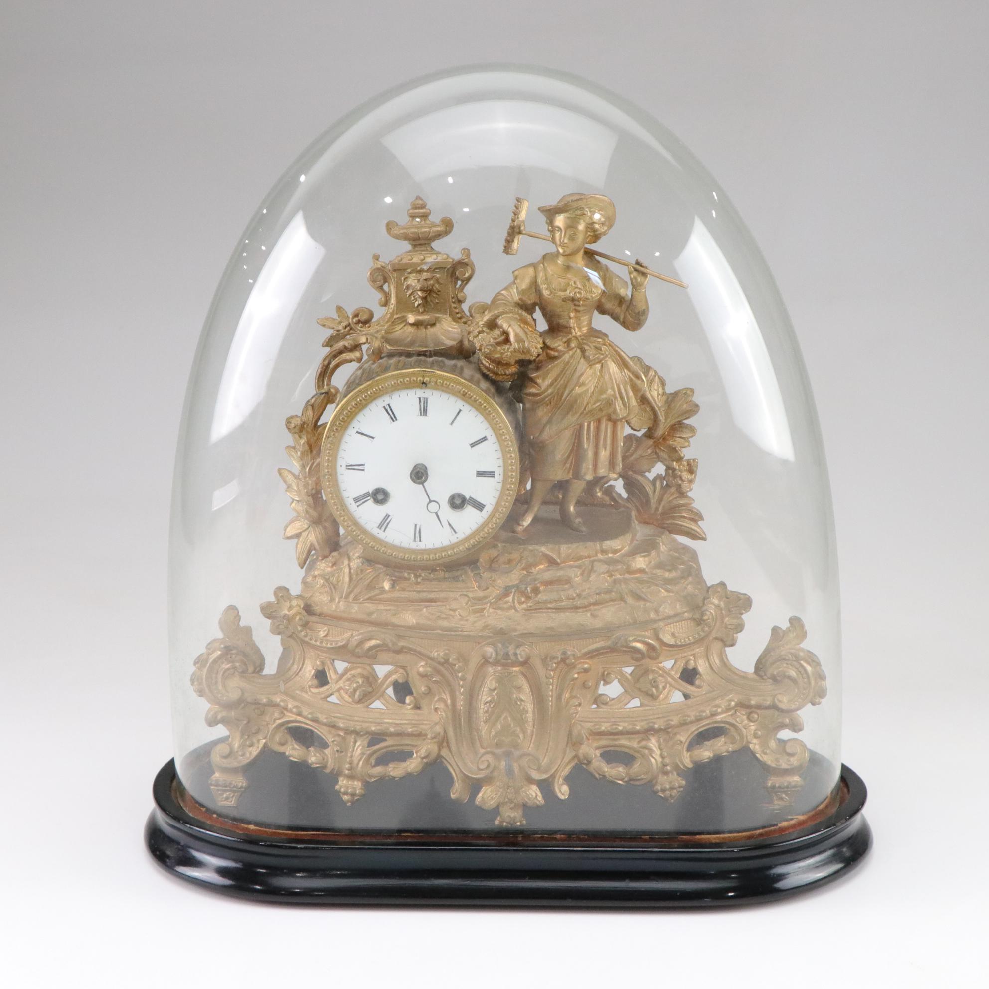 French Japy Frères Gilt Figural Mantel Clock in Dome Cloche, Circa 1865