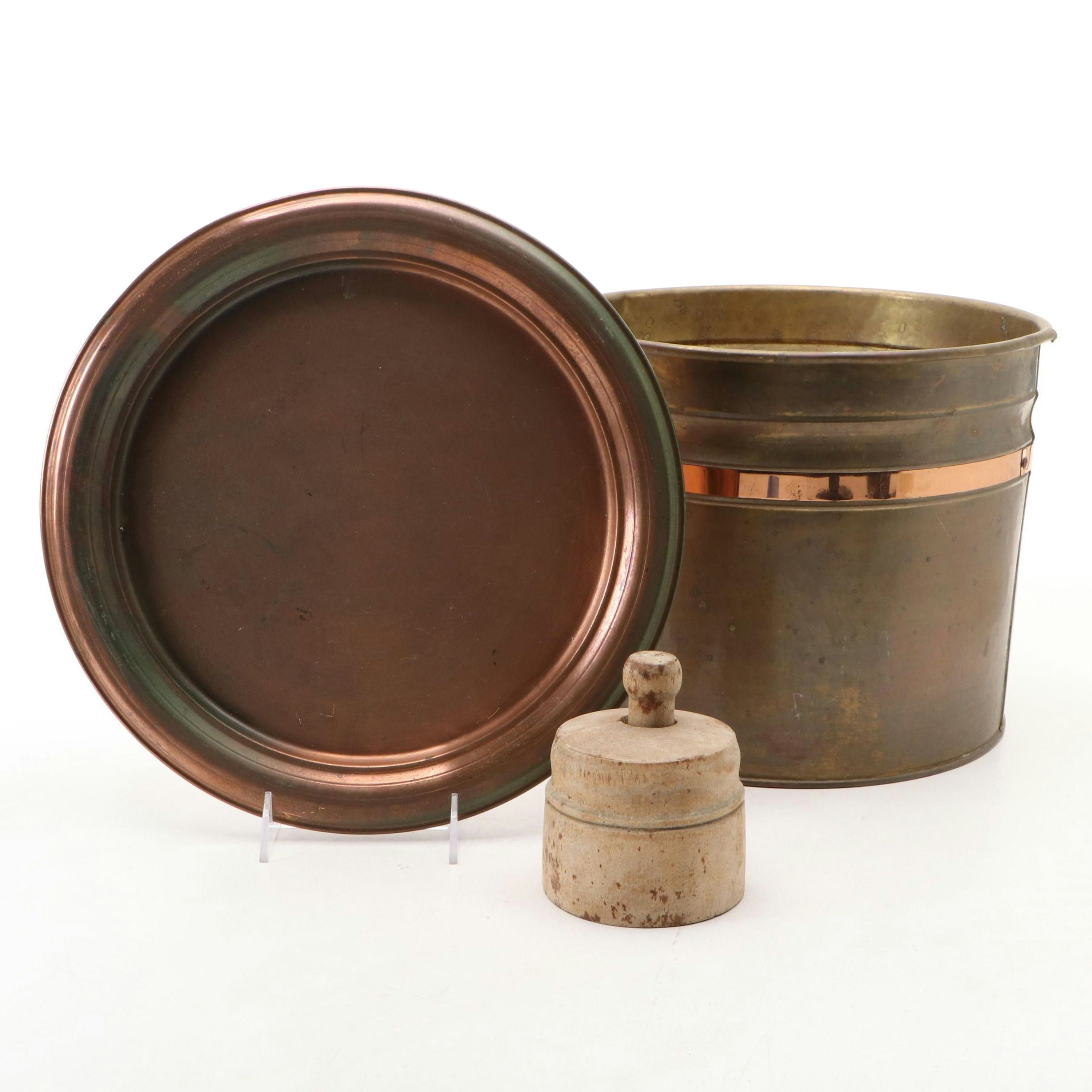 Butter Churn and Press with Solid Copper Plate and Copper Banded Brass Bucket