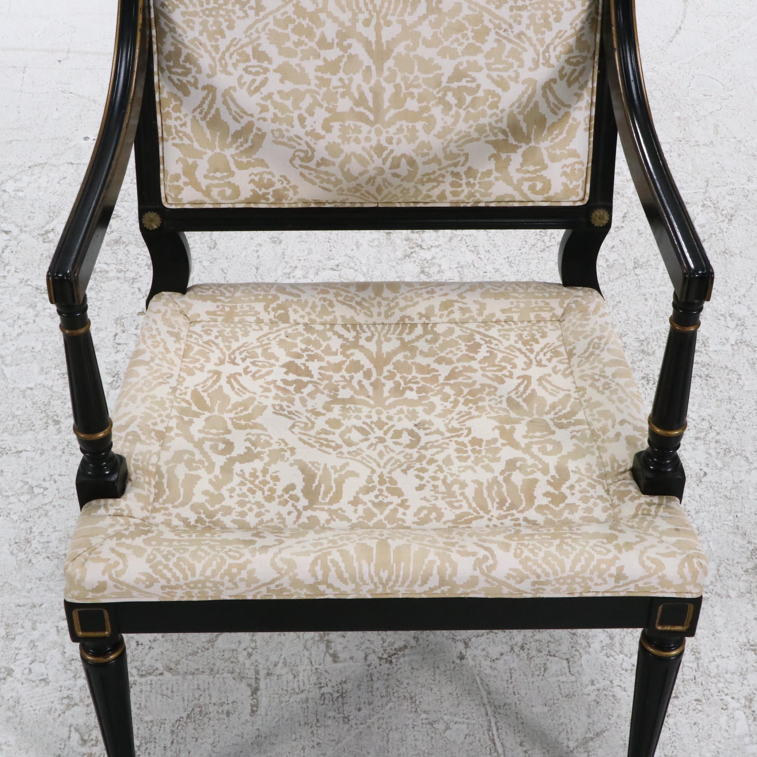Pair of Regency Style Armchairs with Fortuny Upholstery, Late 20th Century
