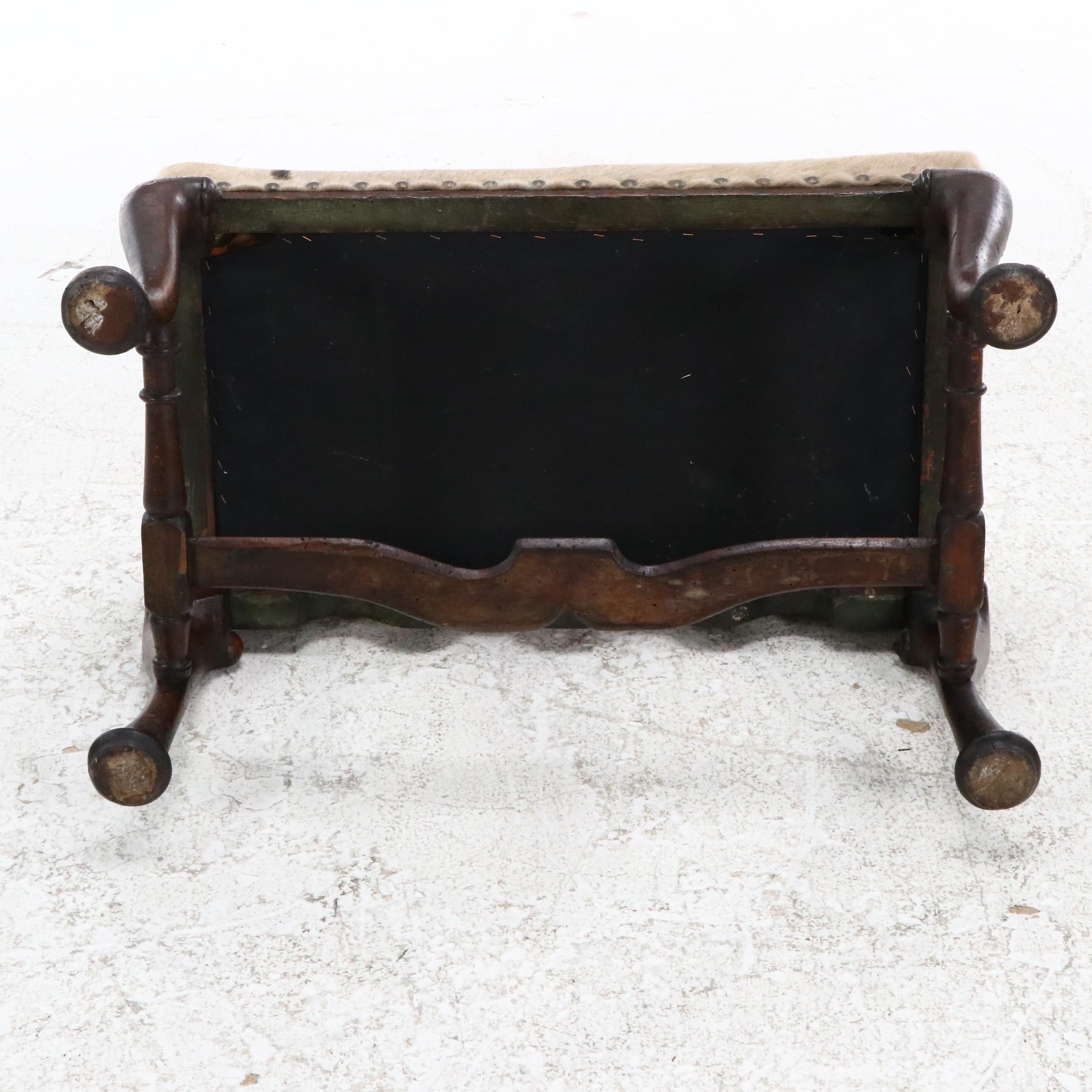 Pair of Cowhide Upholstered Carved Wood Footstools