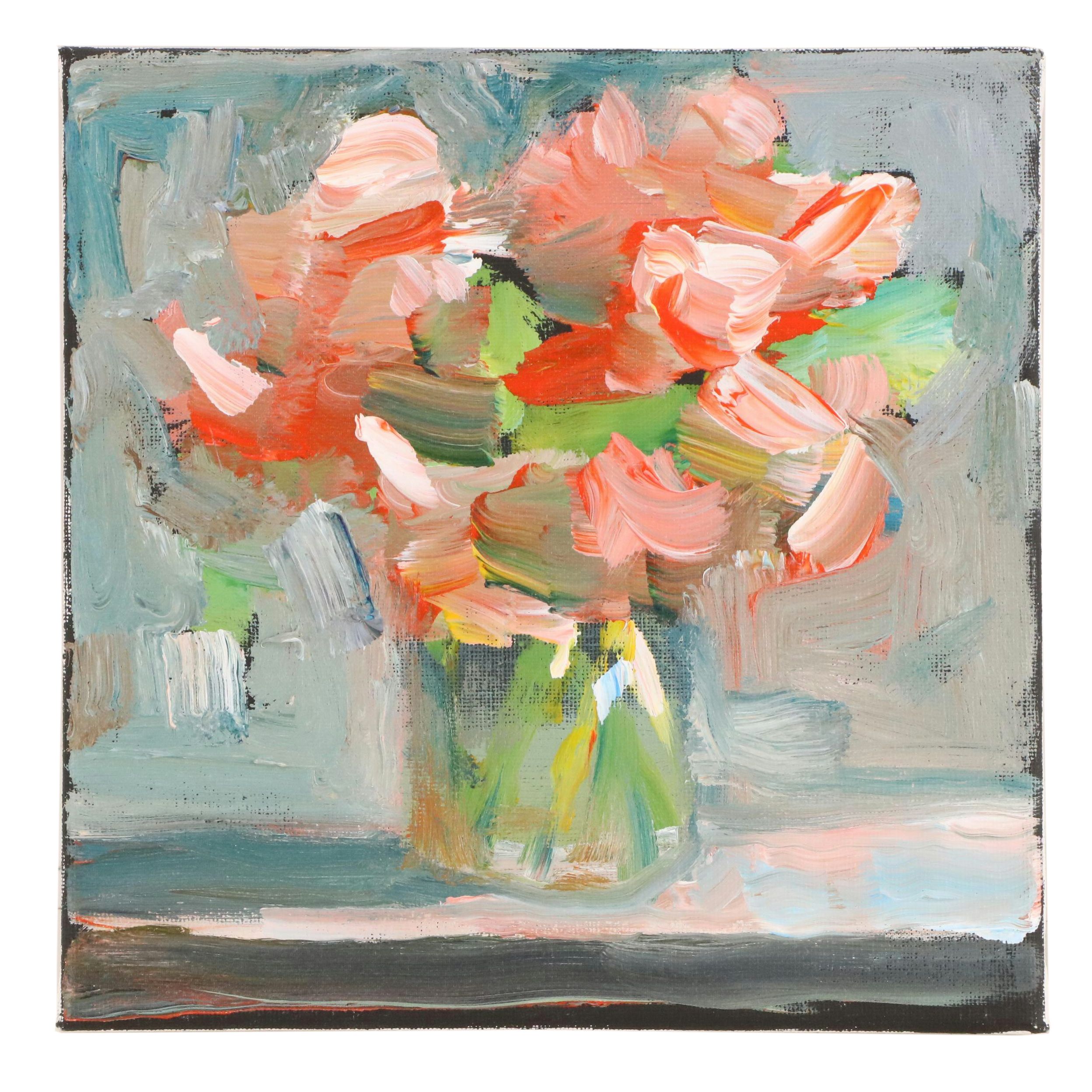 Elle Raines Floral Still Life Acrylic Painting, 21st Century