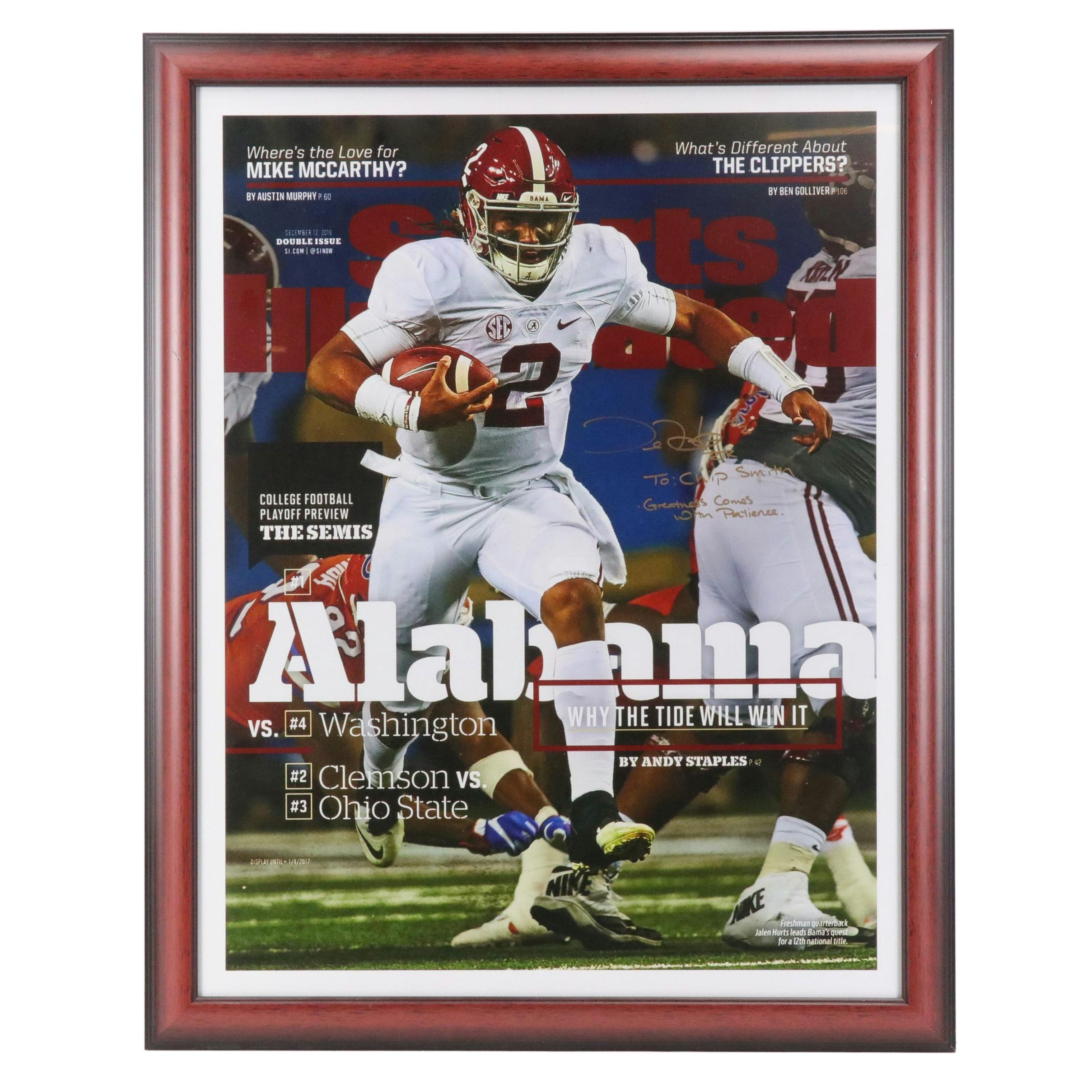 Crimson Tide NCAA Jalen Hurts Signed Sports Illustrated Cover in Frame